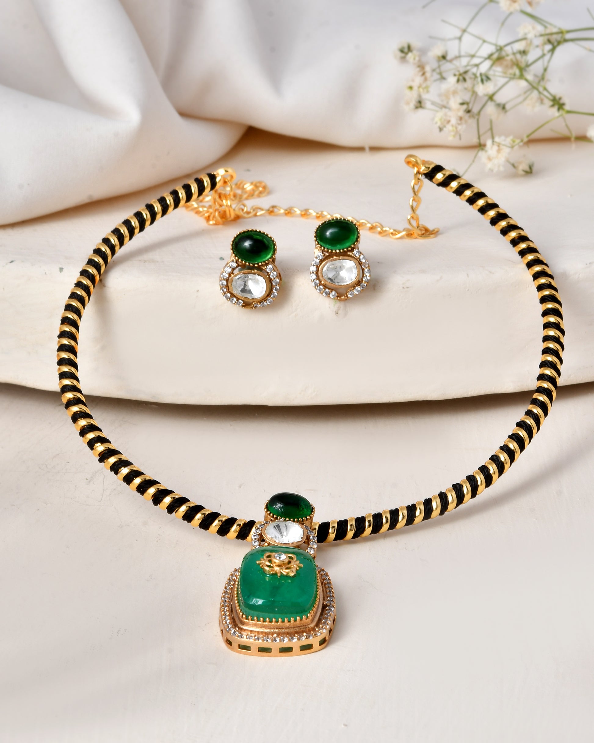 Elegant Black necklace with Green Stone Set