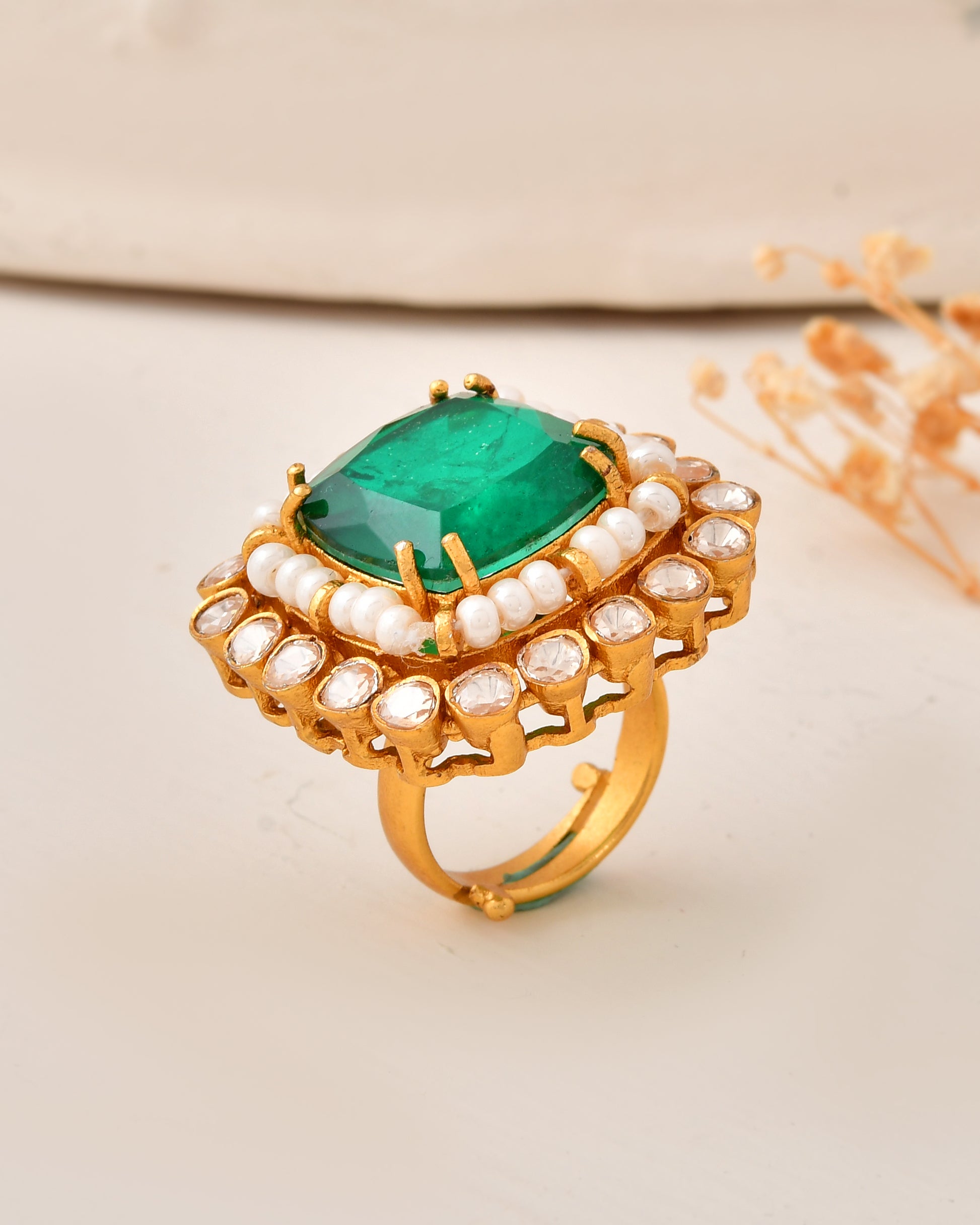 Adjustable Statement Gold-Plated Emerald Ring