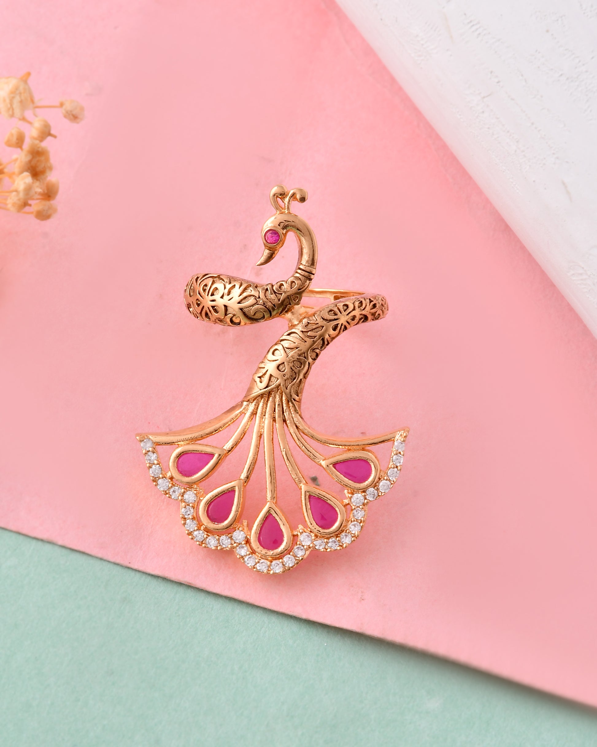 Gold-Plated Peacock Ring with Red Kundan Stones