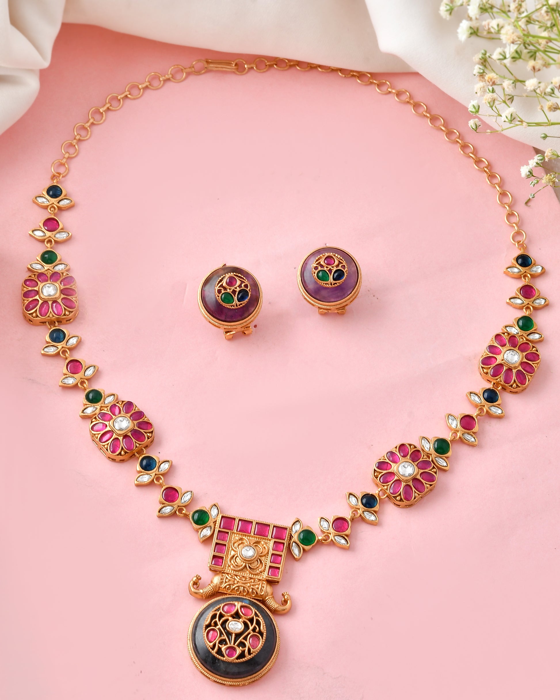 Traditional Temple Design Multicolor Stone Necklace Set