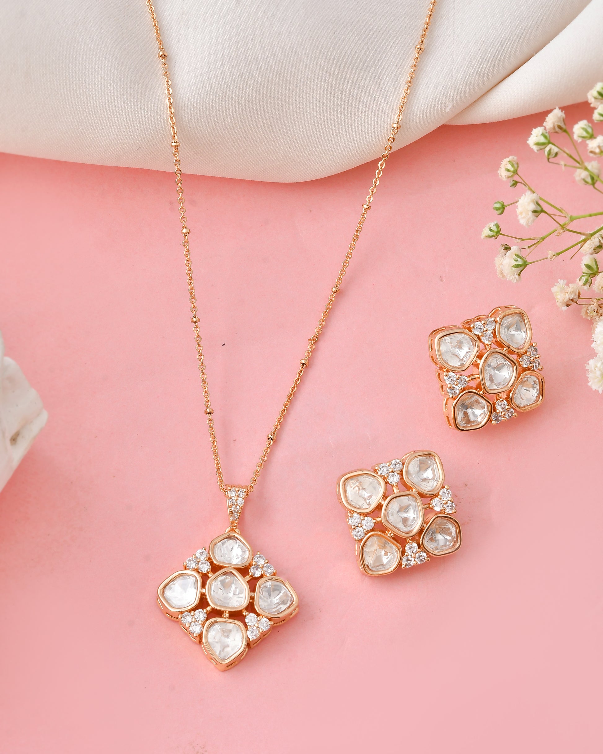 Elegant Gold-Plated Square Kundan Pendant Set