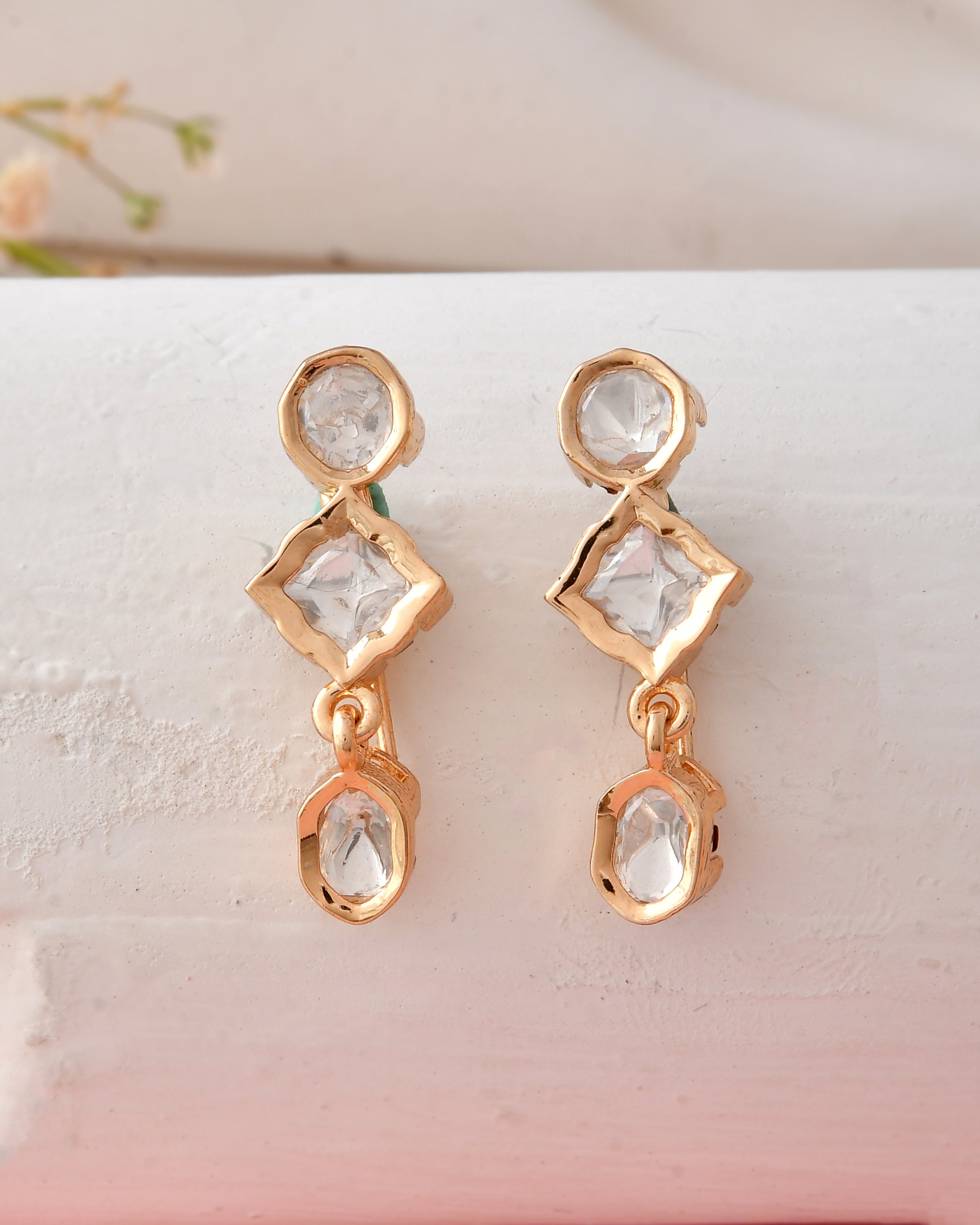 Gold-Plated Geometric Crystal Drop Earrings