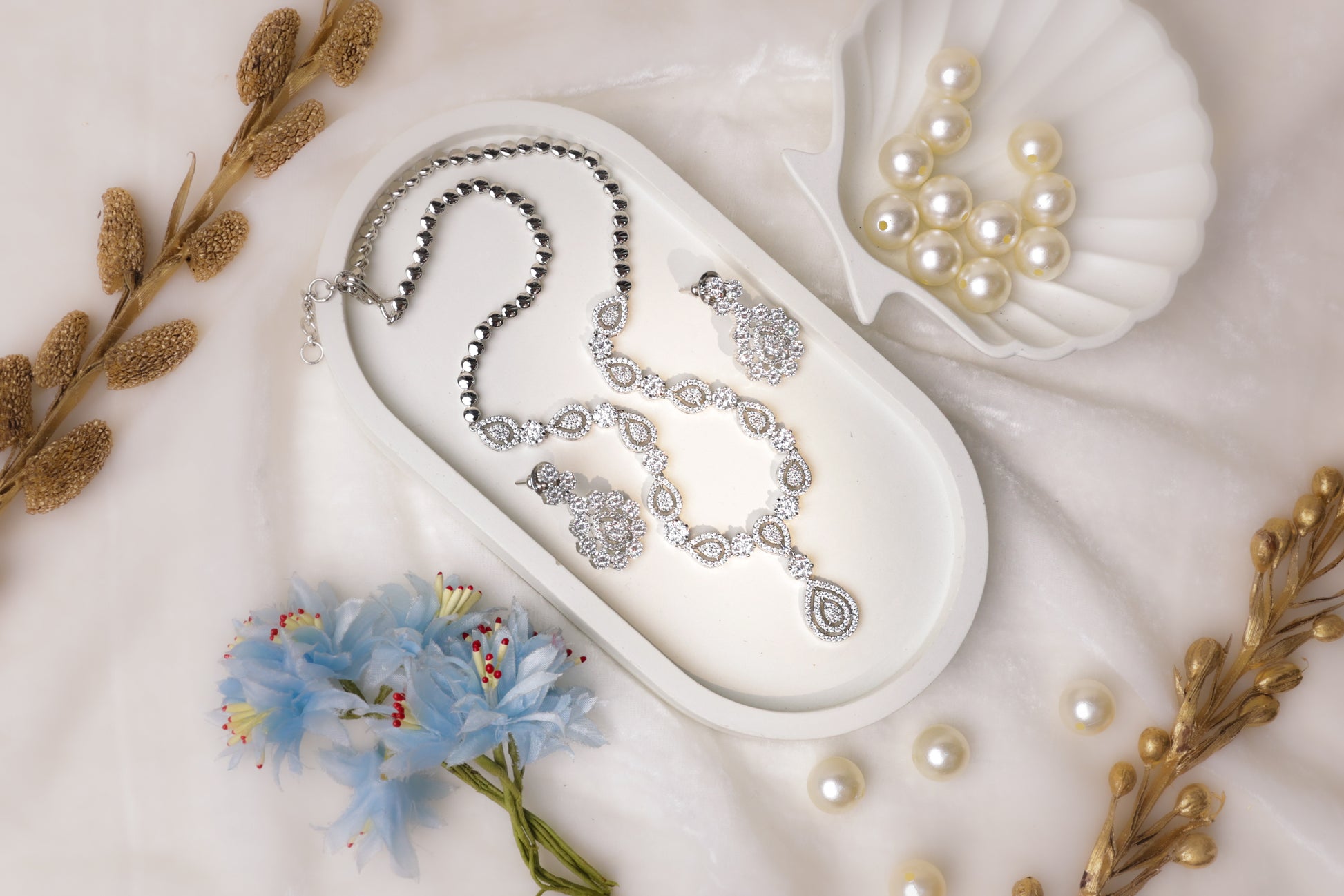 Elegant Silver-Toned Stone Necklace Set
