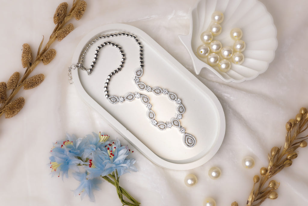 Elegant Silver-Toned Stone Necklace Set