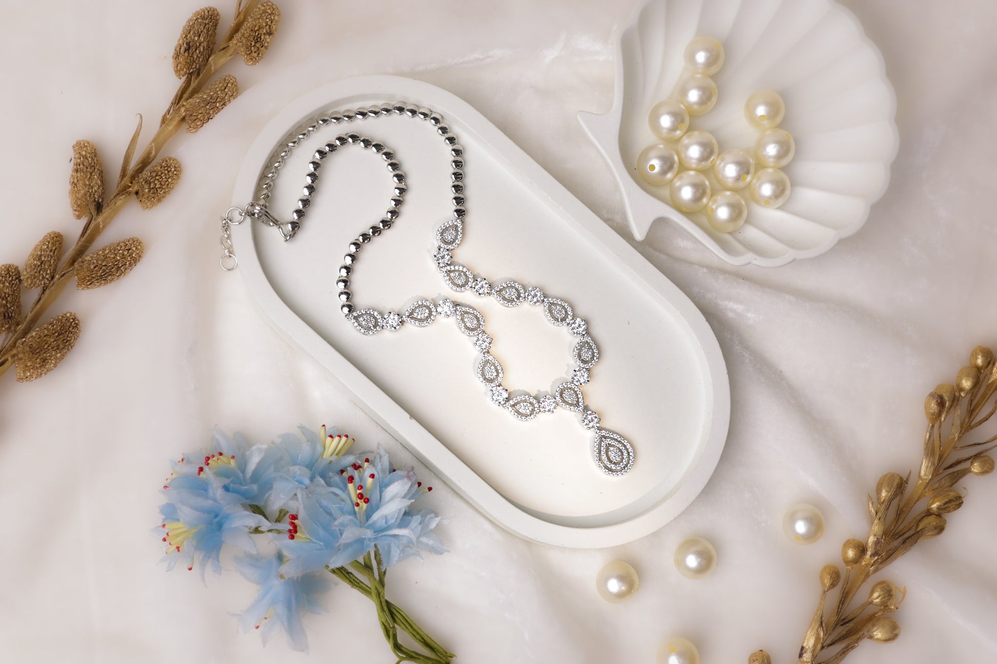 Elegant Silver-Toned Stone Necklace Set