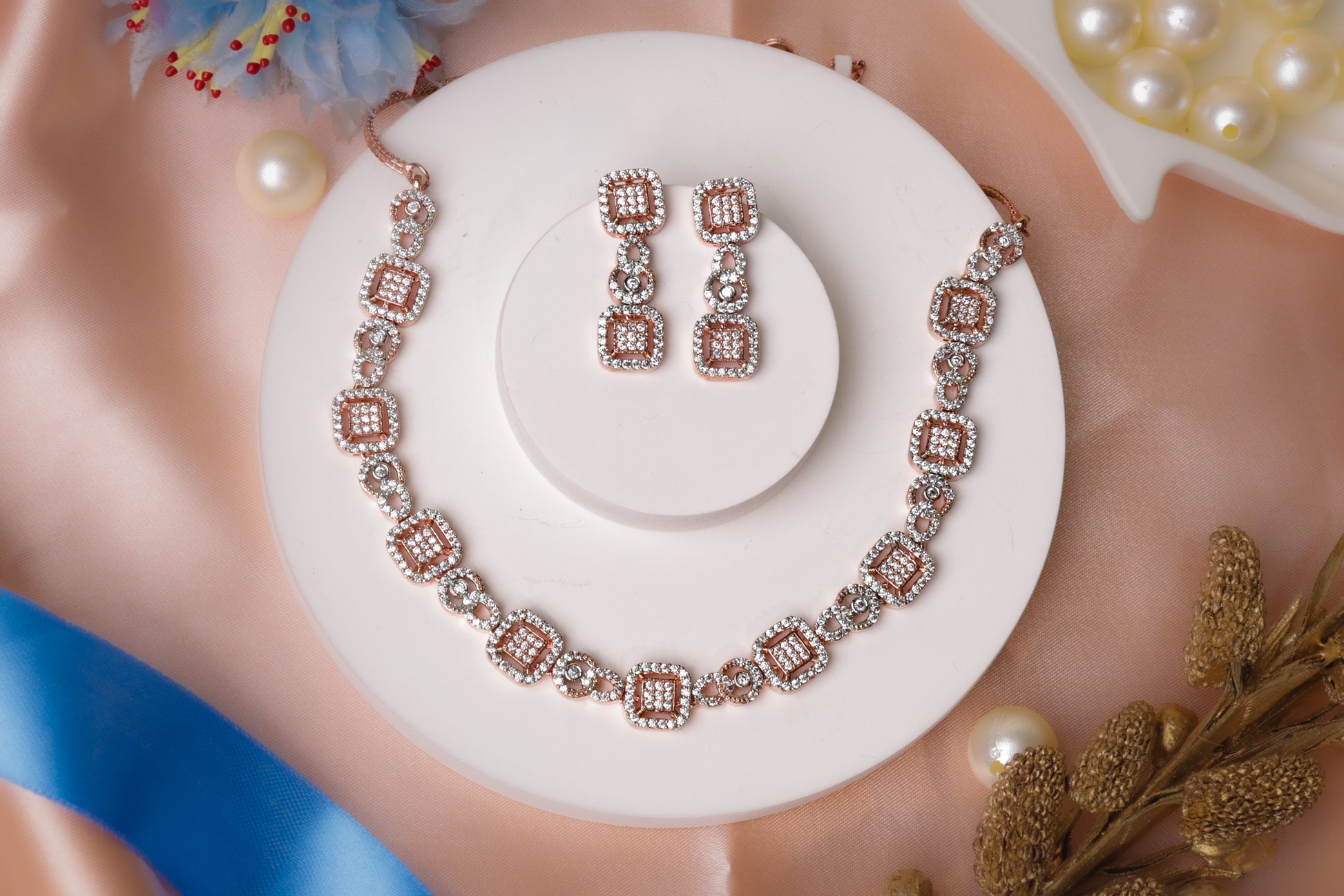 Classic Rose Gold Square Stone Necklace Set