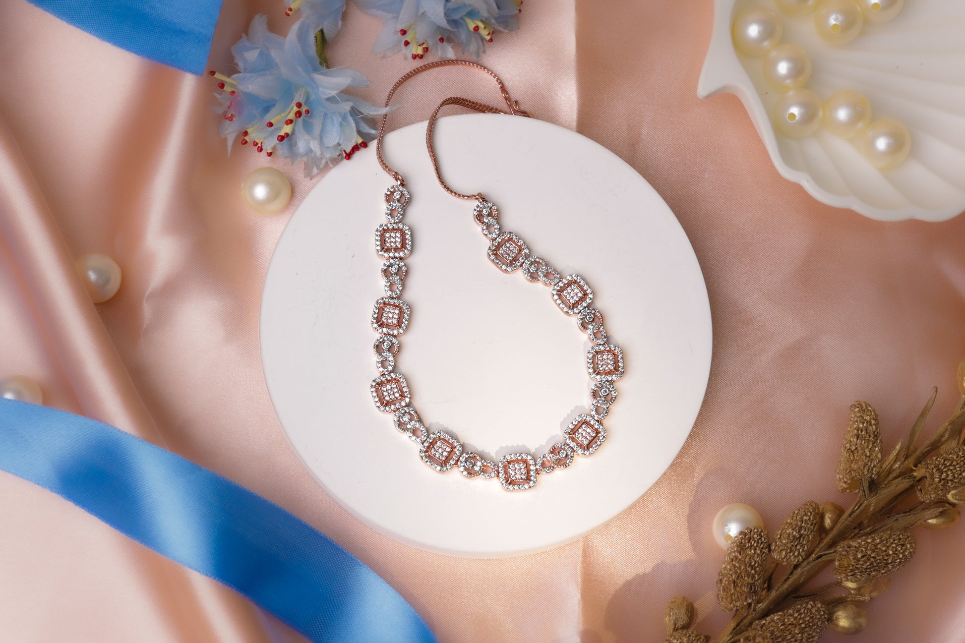 Classic Rose Gold Square Stone Necklace Set