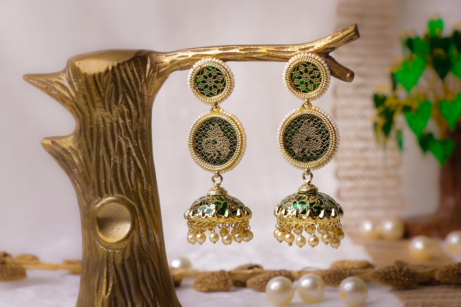 Elegant Green & Gold Filigree Jhumka Earrings