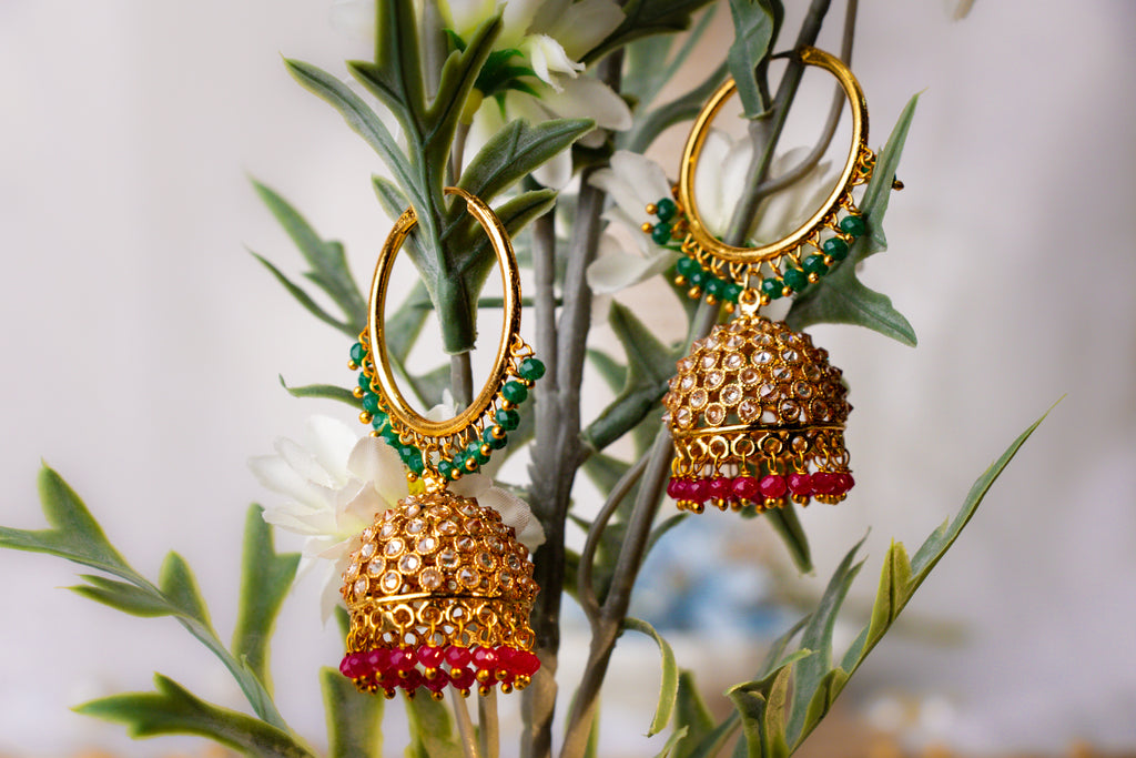 Hoop Jhumka Earrings with Green & Pink Stone