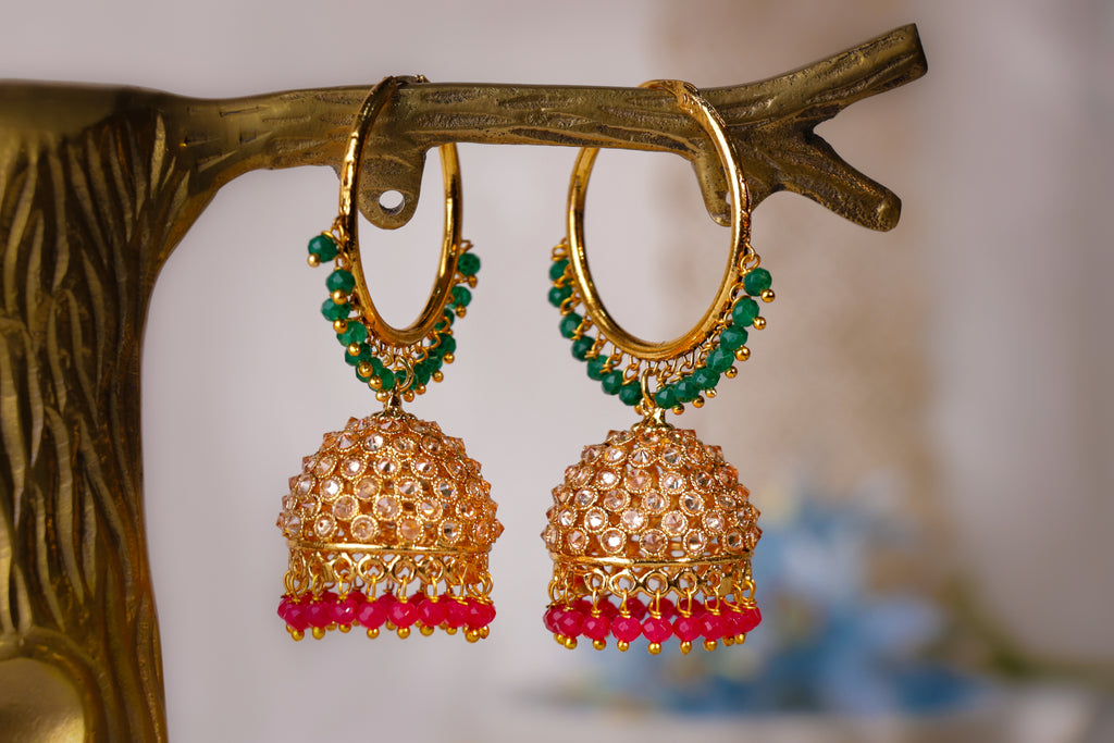 Hoop Jhumka Earrings with Green & Pink Stone