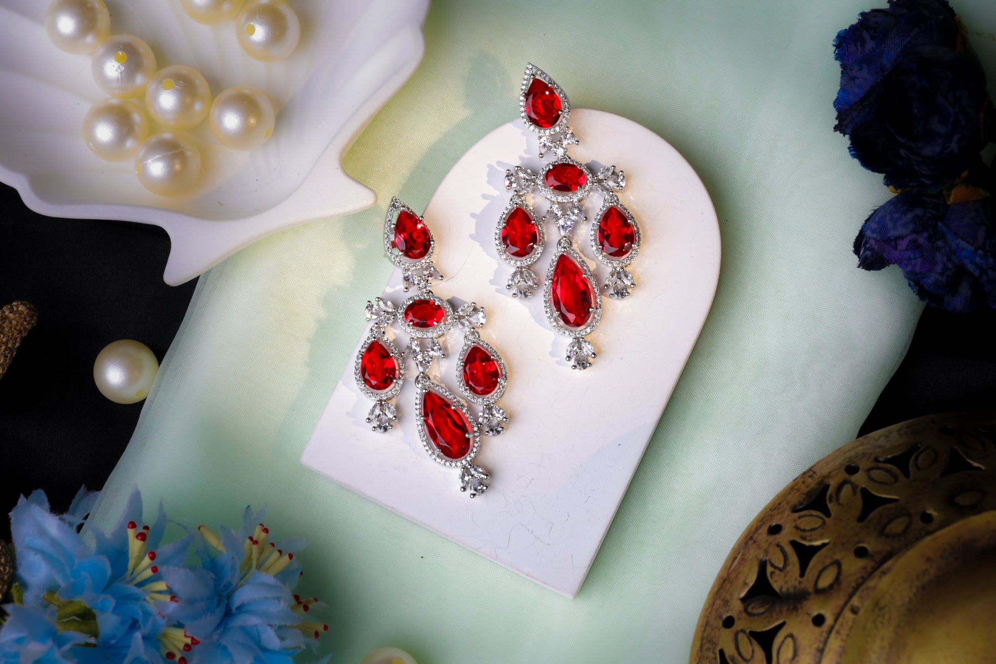 Ruby with White Stone Earrings