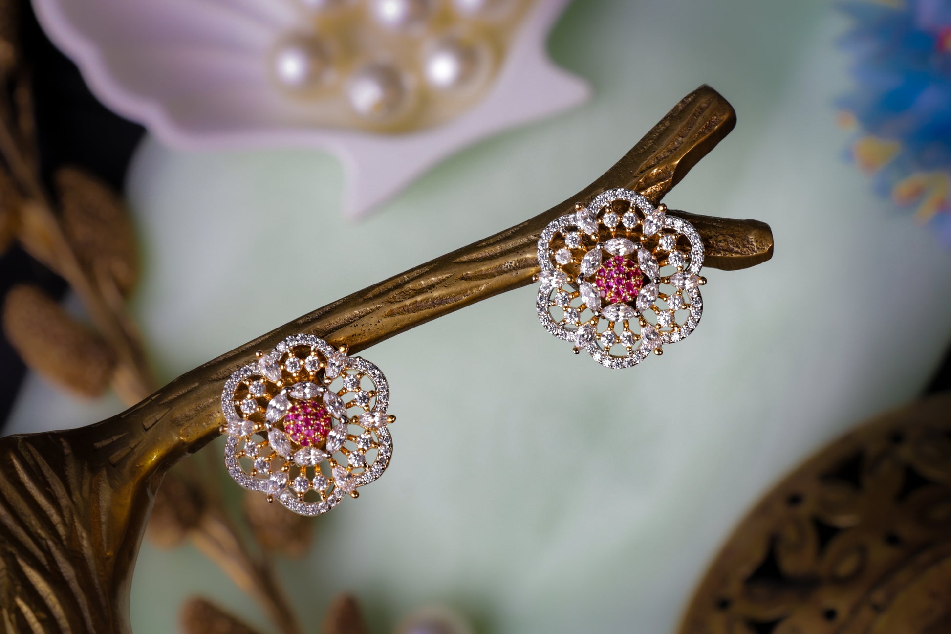 Floral and Ruby Stud Earrings