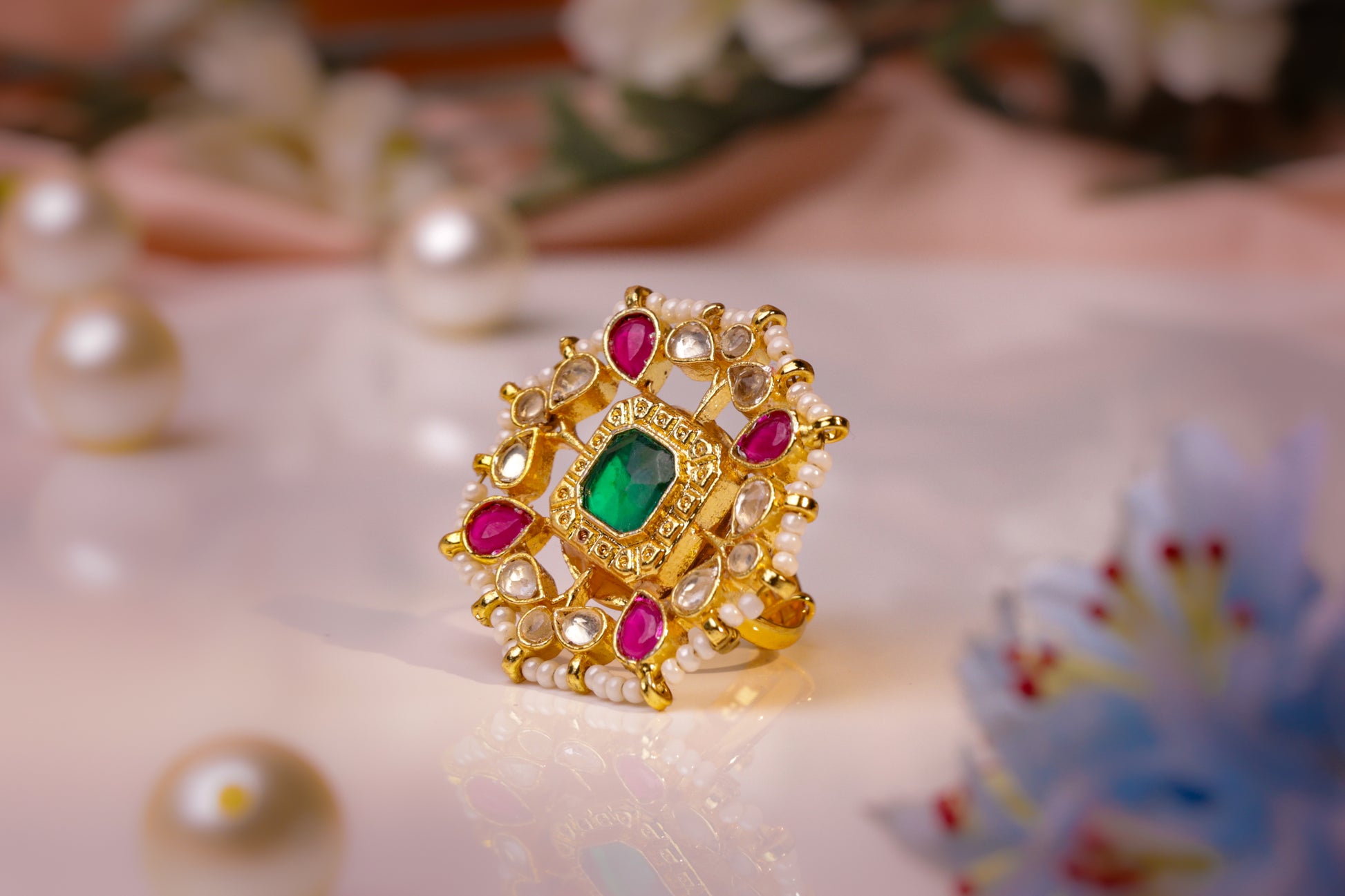 Exquisite Kundan and Emerald Statement Ring