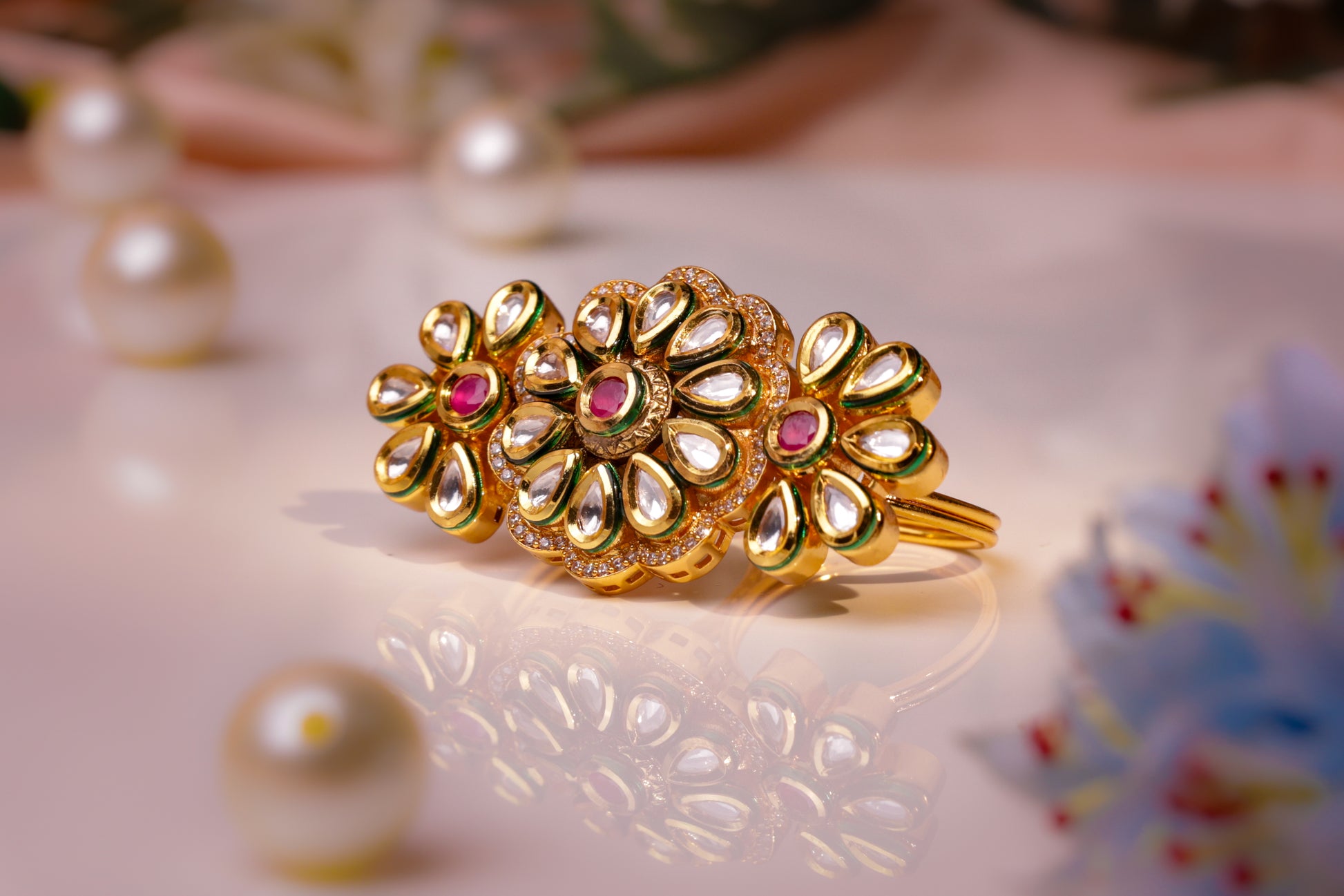 Floral Kundan Golden Ring