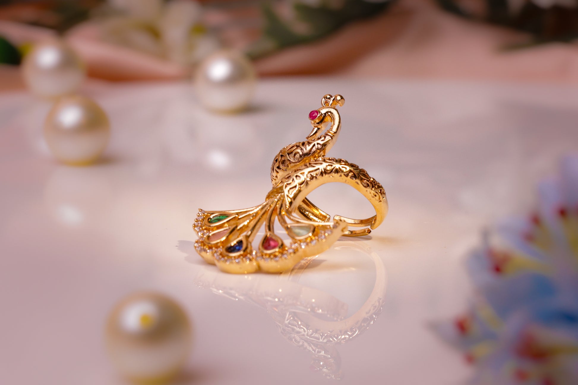 Gold Peacock Ring with Multicolored Gemstones