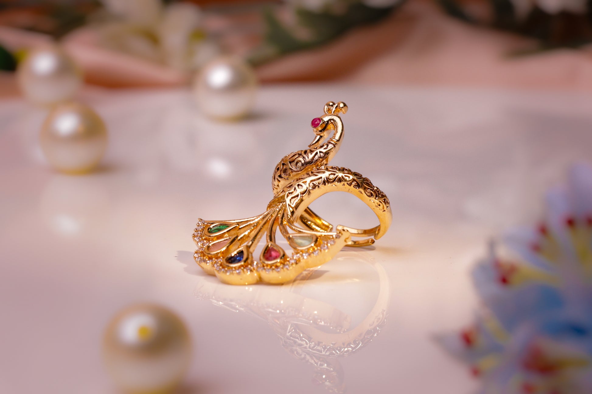 Gold Peacock Ring with Multicolored Gemstones