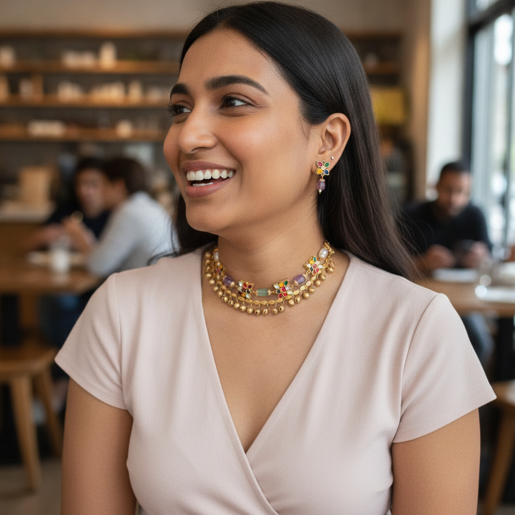 2 layer Navaratan necklace with Ghungroo