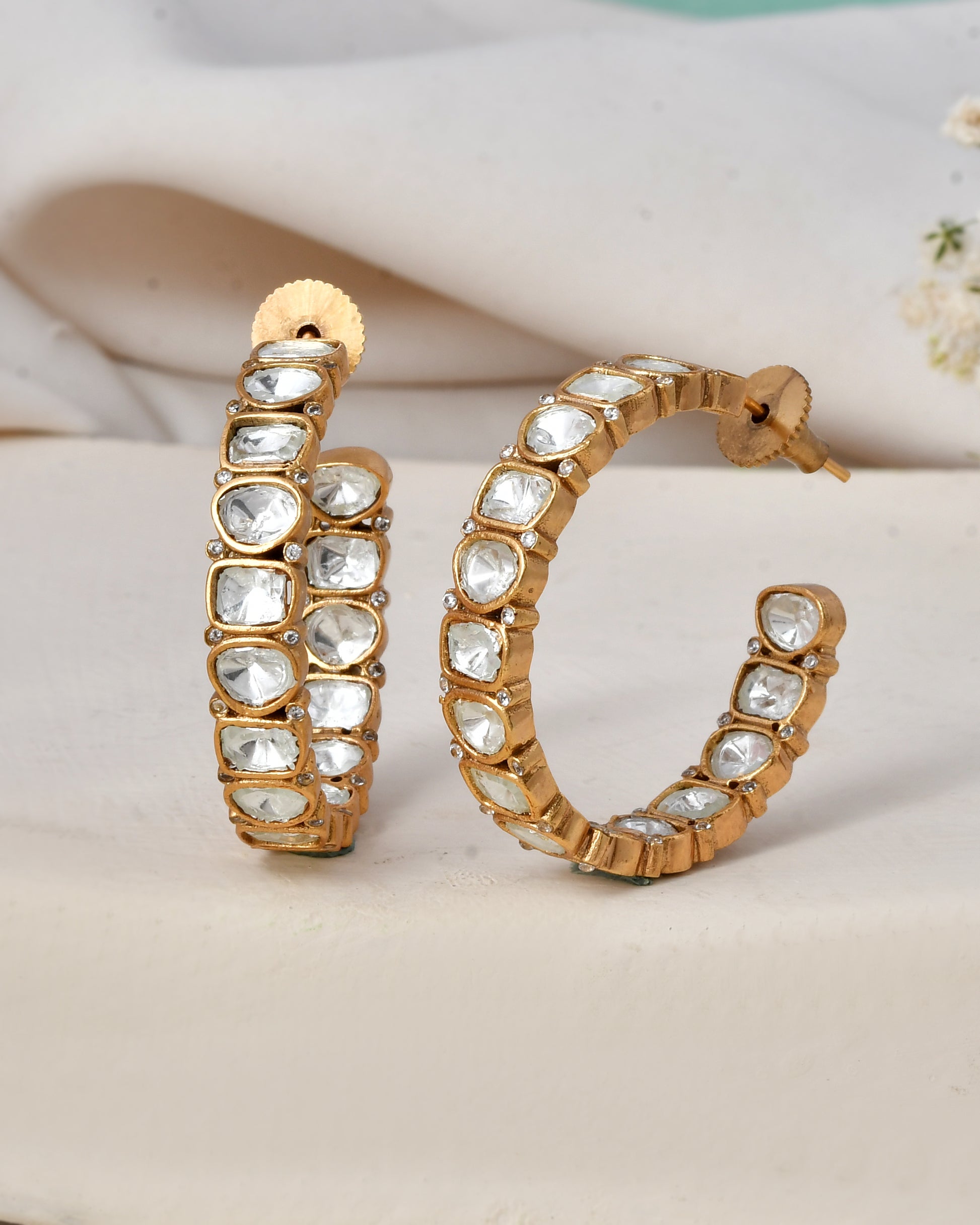 Gold-Plated Kundan Hoop Earrings