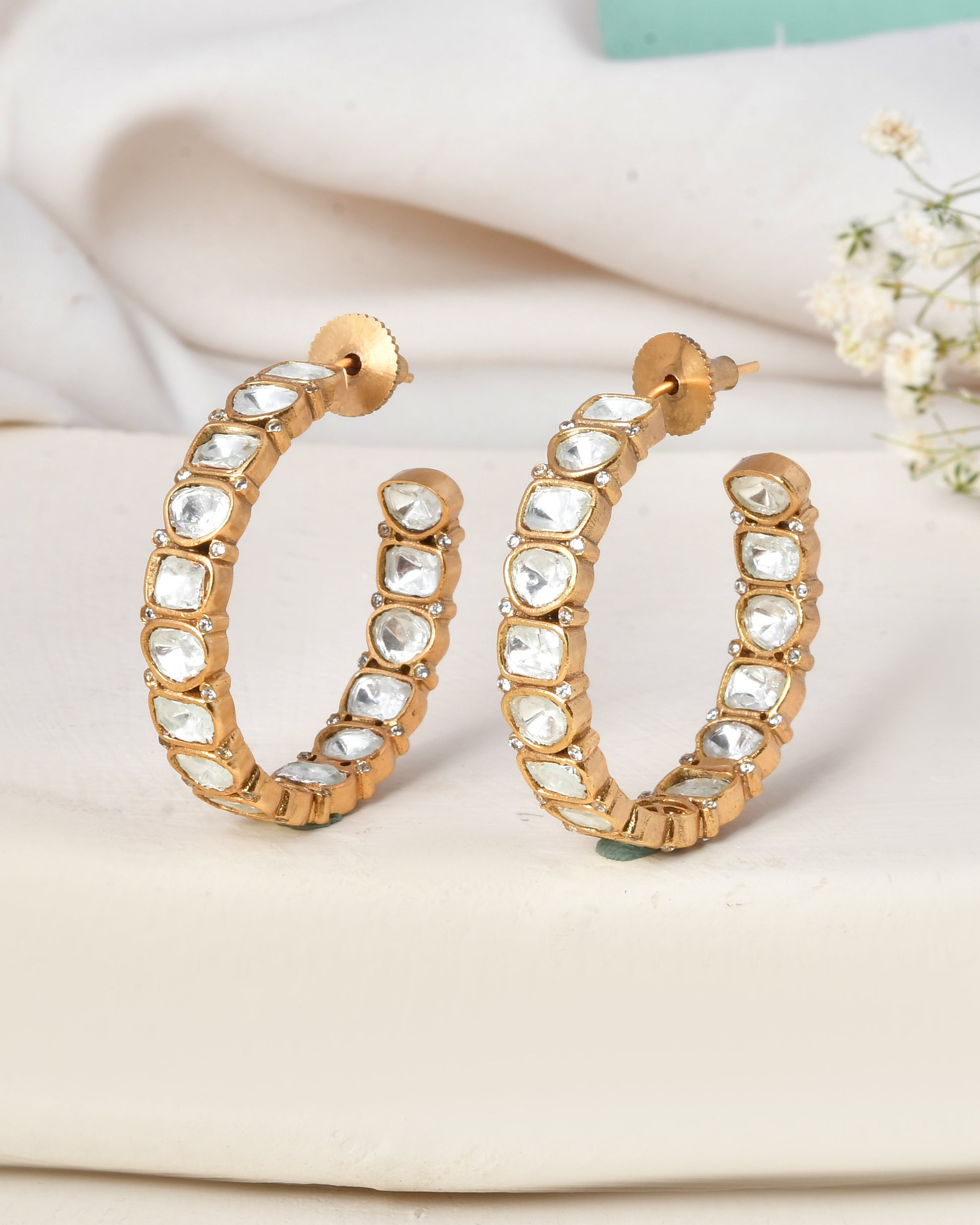 Gold-Plated Kundan Hoop Earrings