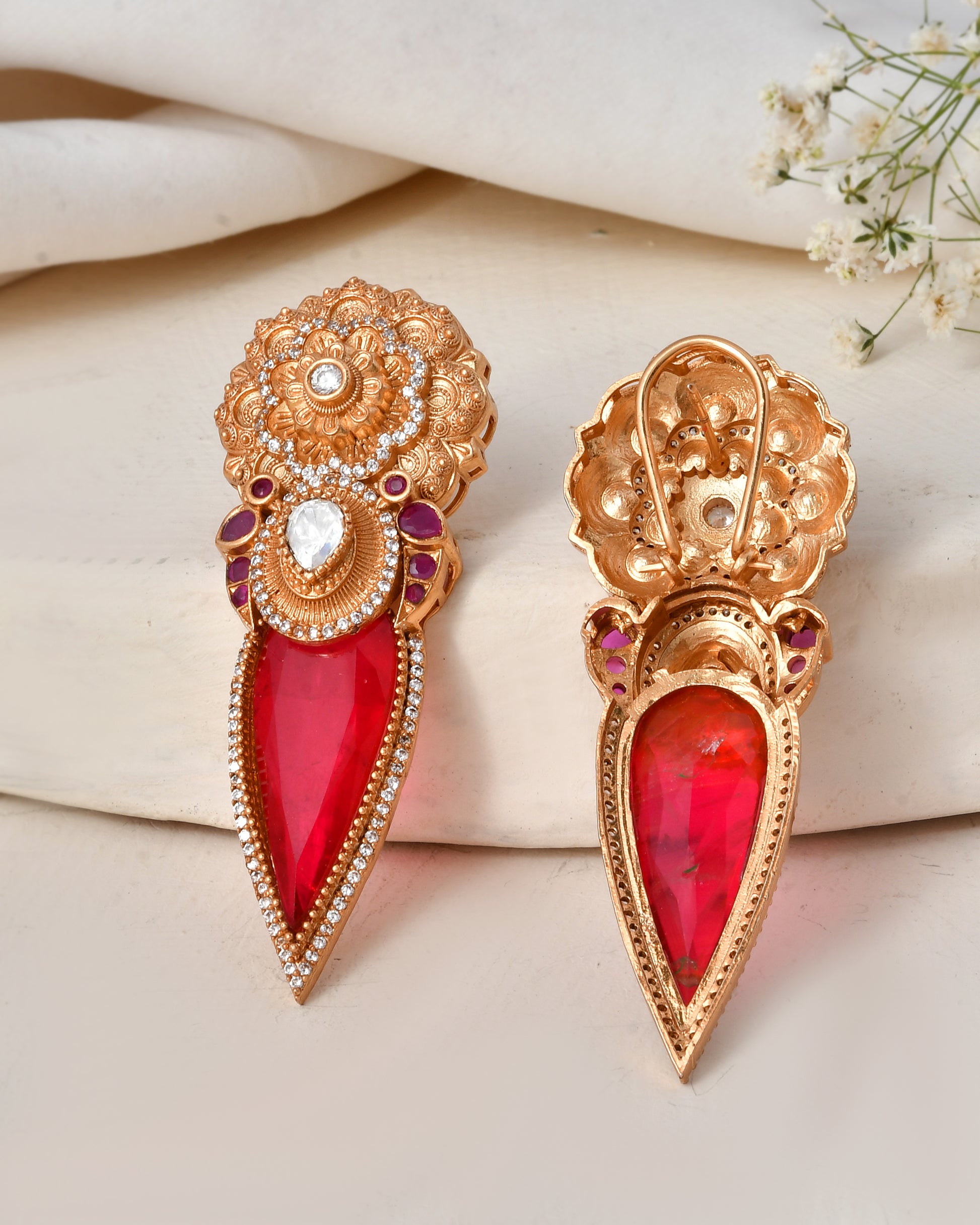 Traditional Red Stone Temple Earrings