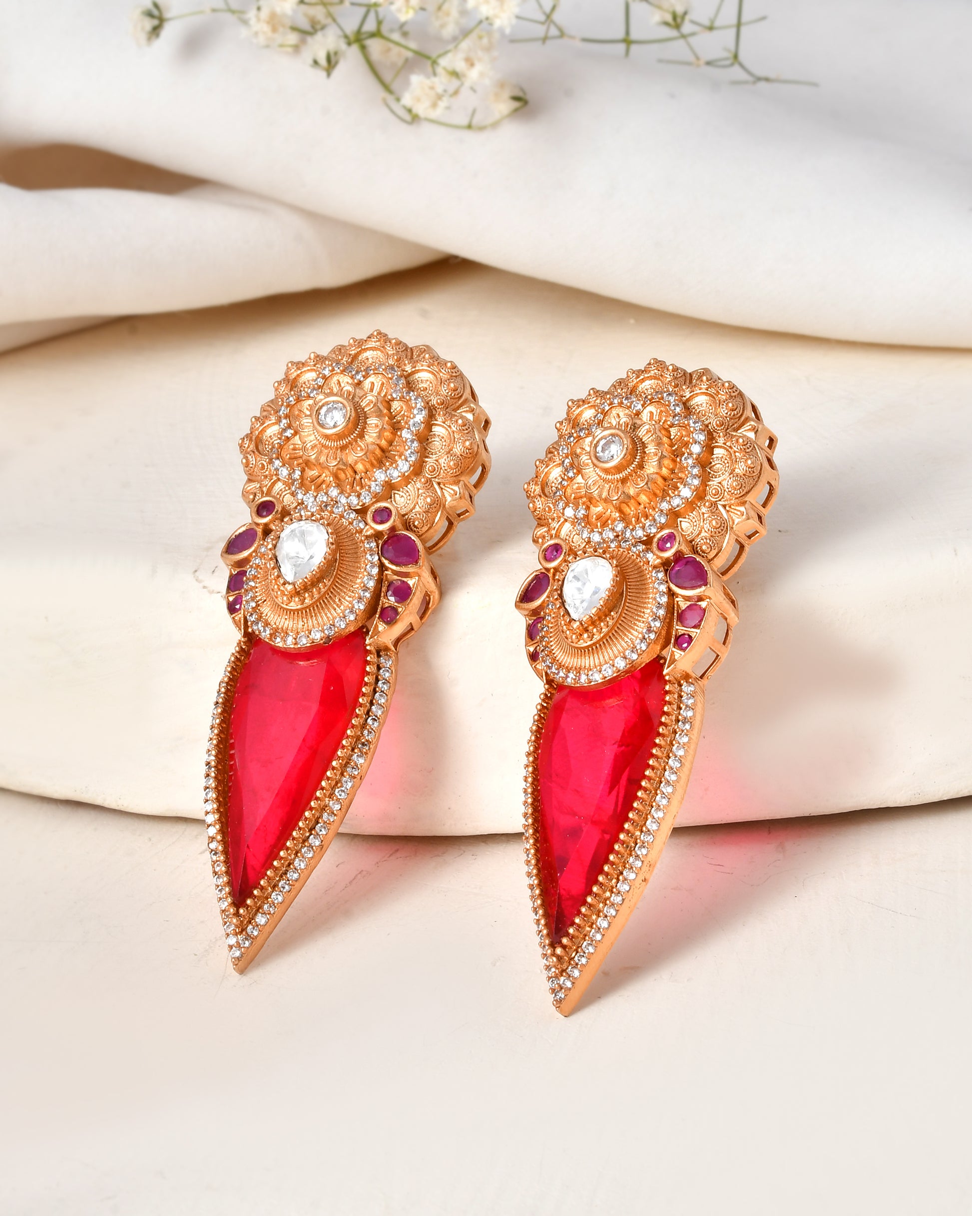 Traditional Red Stone Temple Earrings