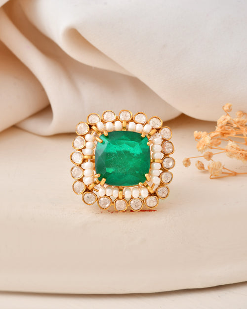Adjustable Statement Gold-Plated Emerald Ring