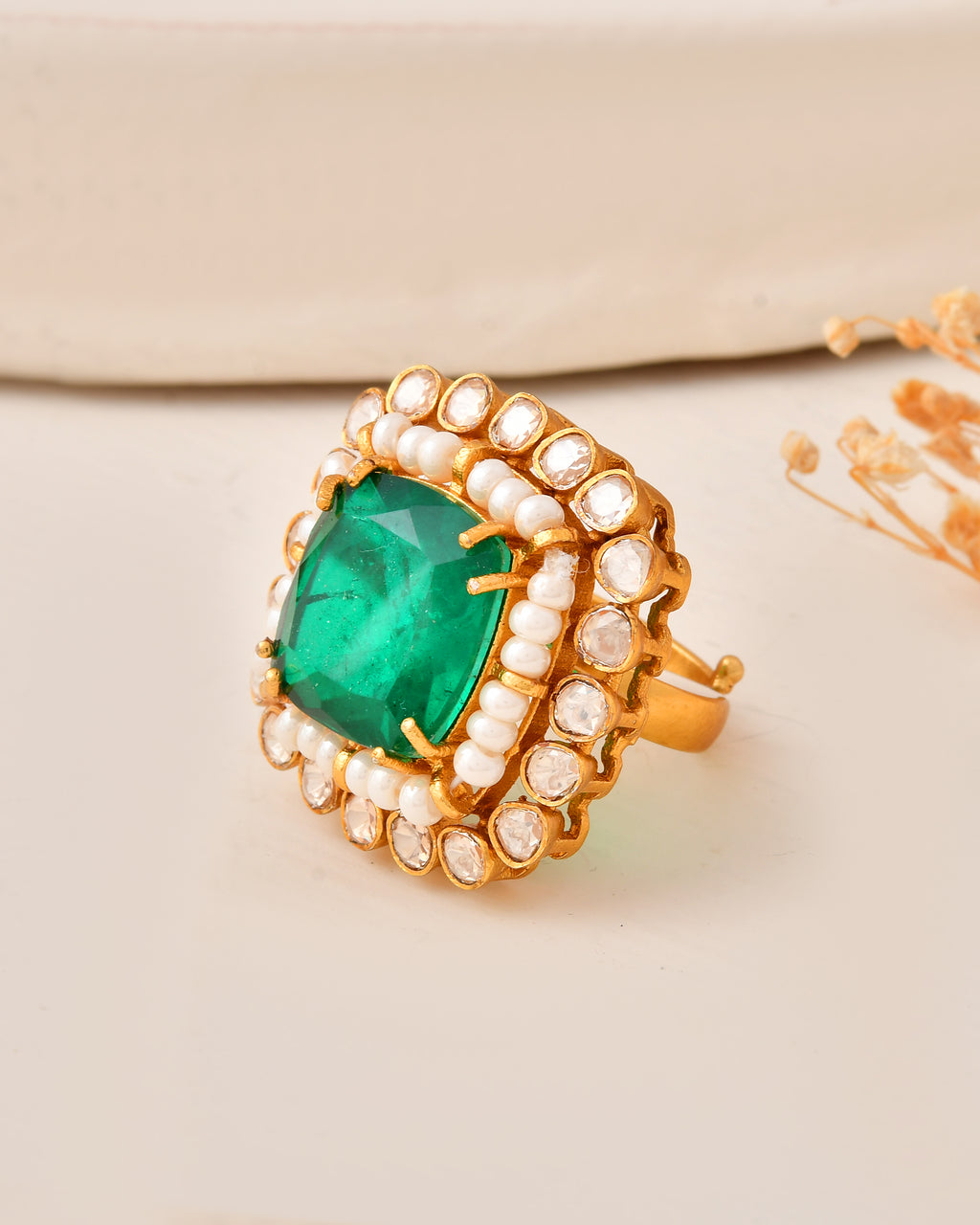 Adjustable Statement Gold-Plated Emerald Ring