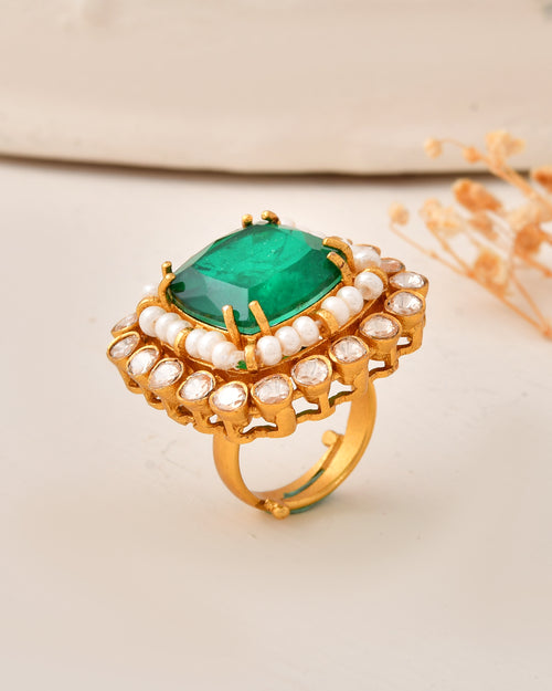 Adjustable Statement Gold-Plated Emerald Ring