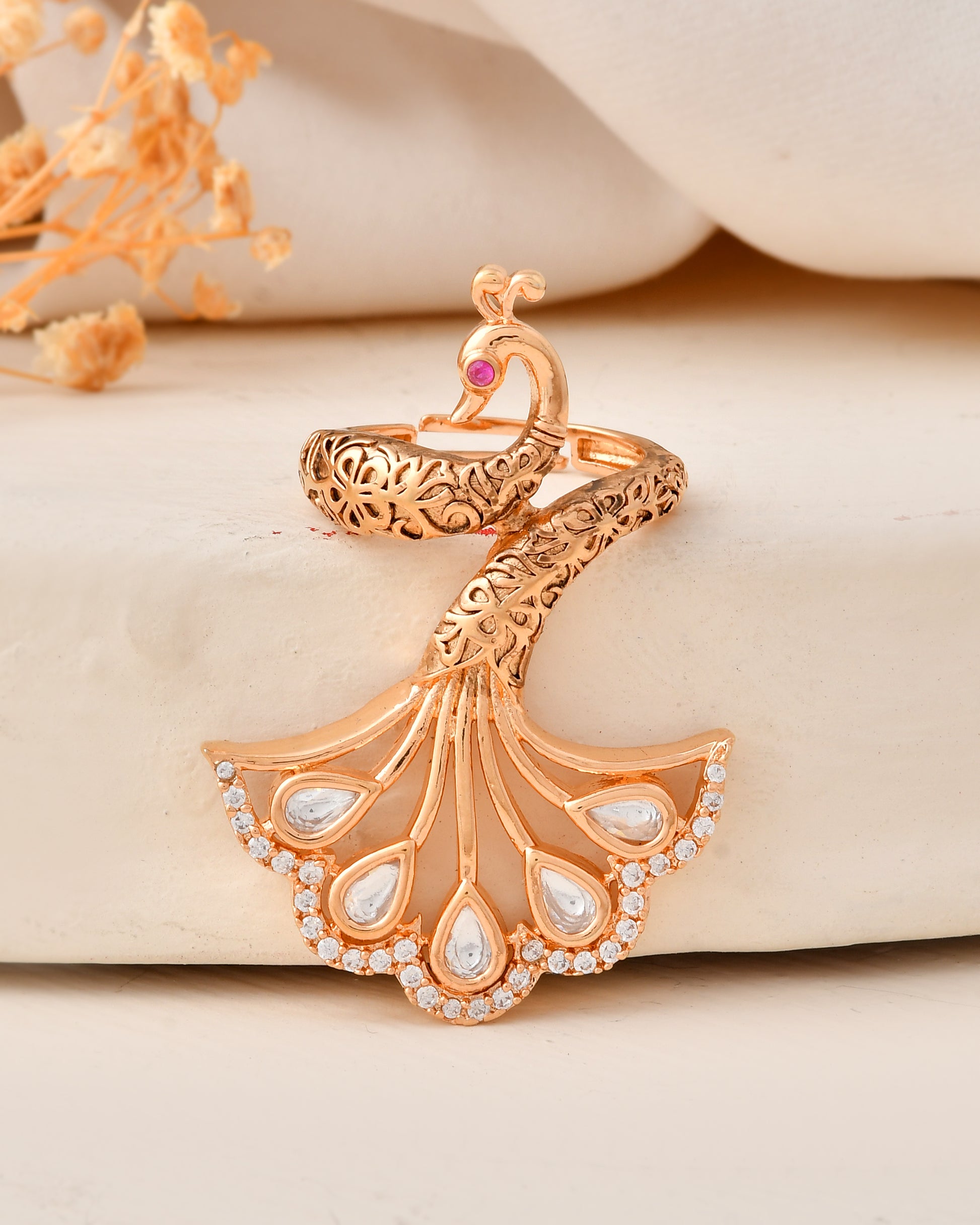 Gold-Plated White Stone Peacock Ring