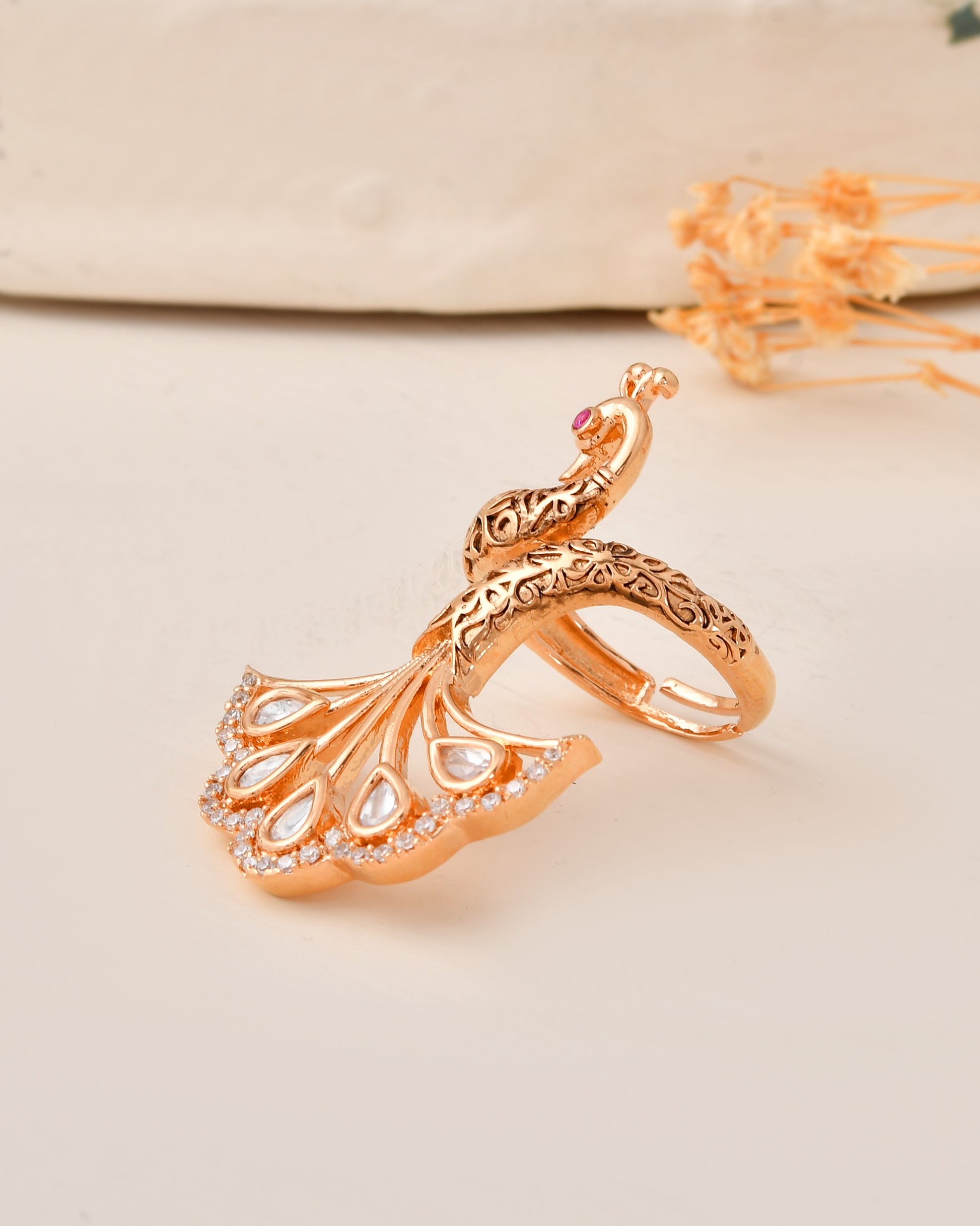 Gold-Plated White Stone Peacock Ring