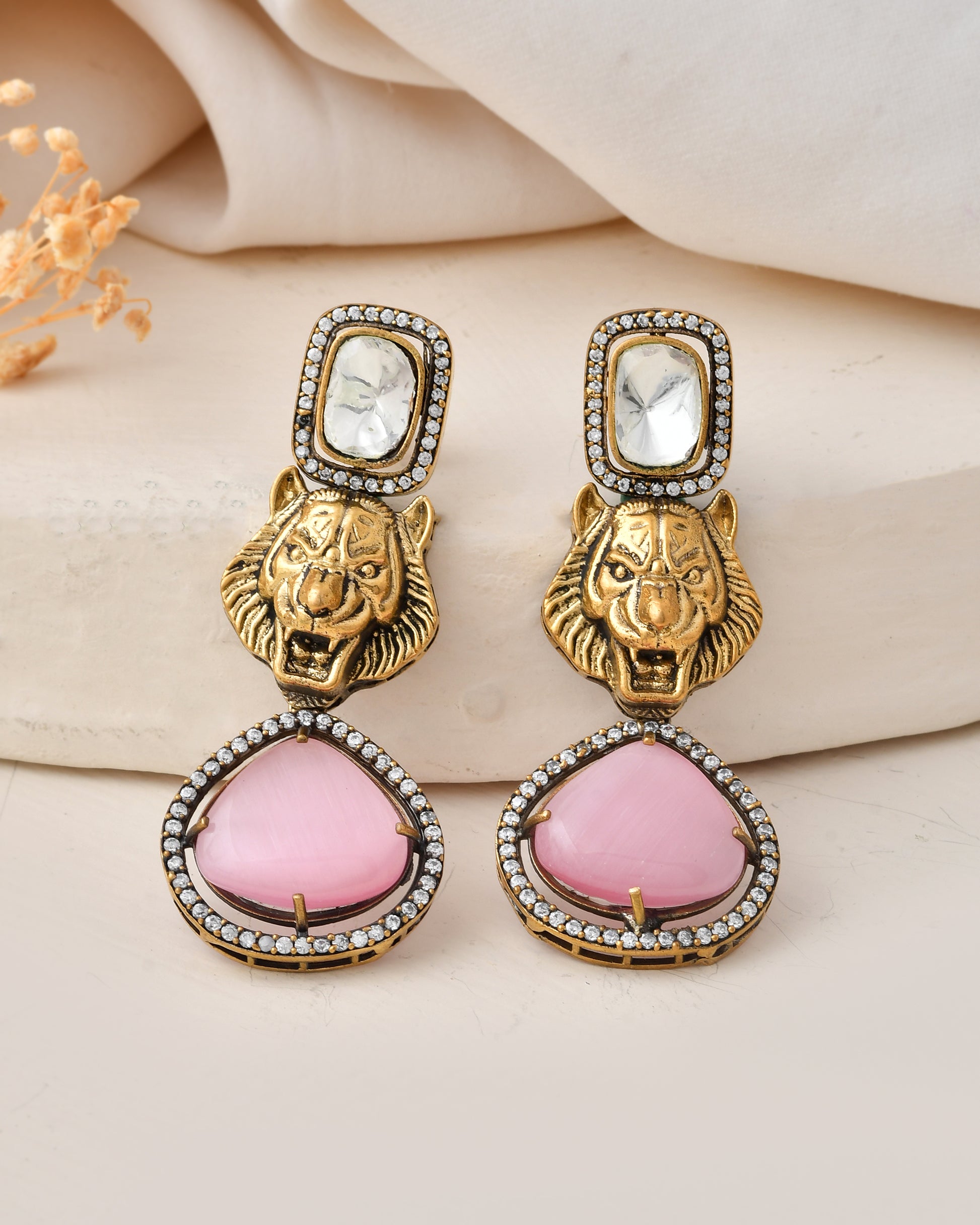 Antique Gold-Plated Tiger Motif Statement Earrings
