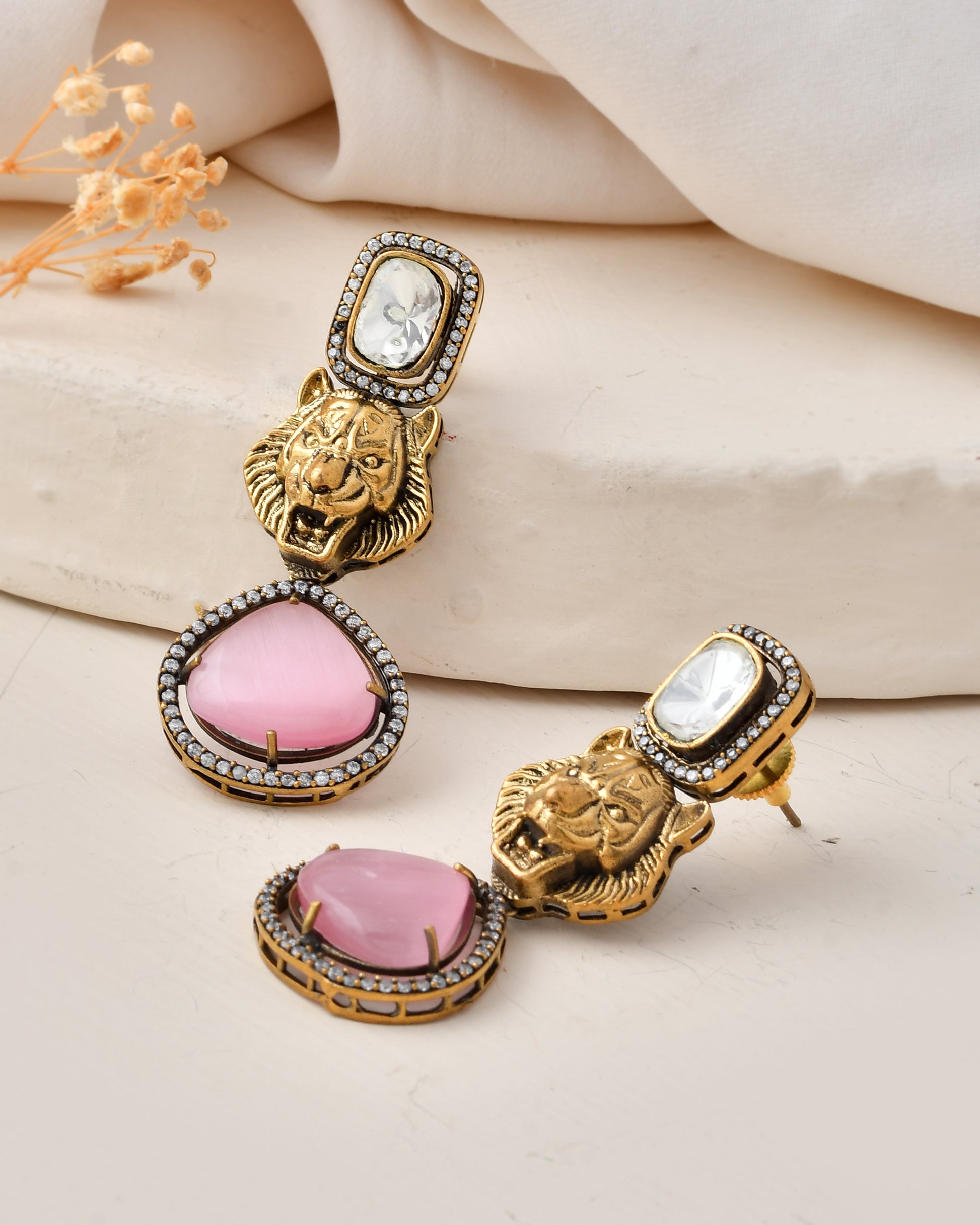 Antique Gold-Plated Tiger Motif Statement Earrings