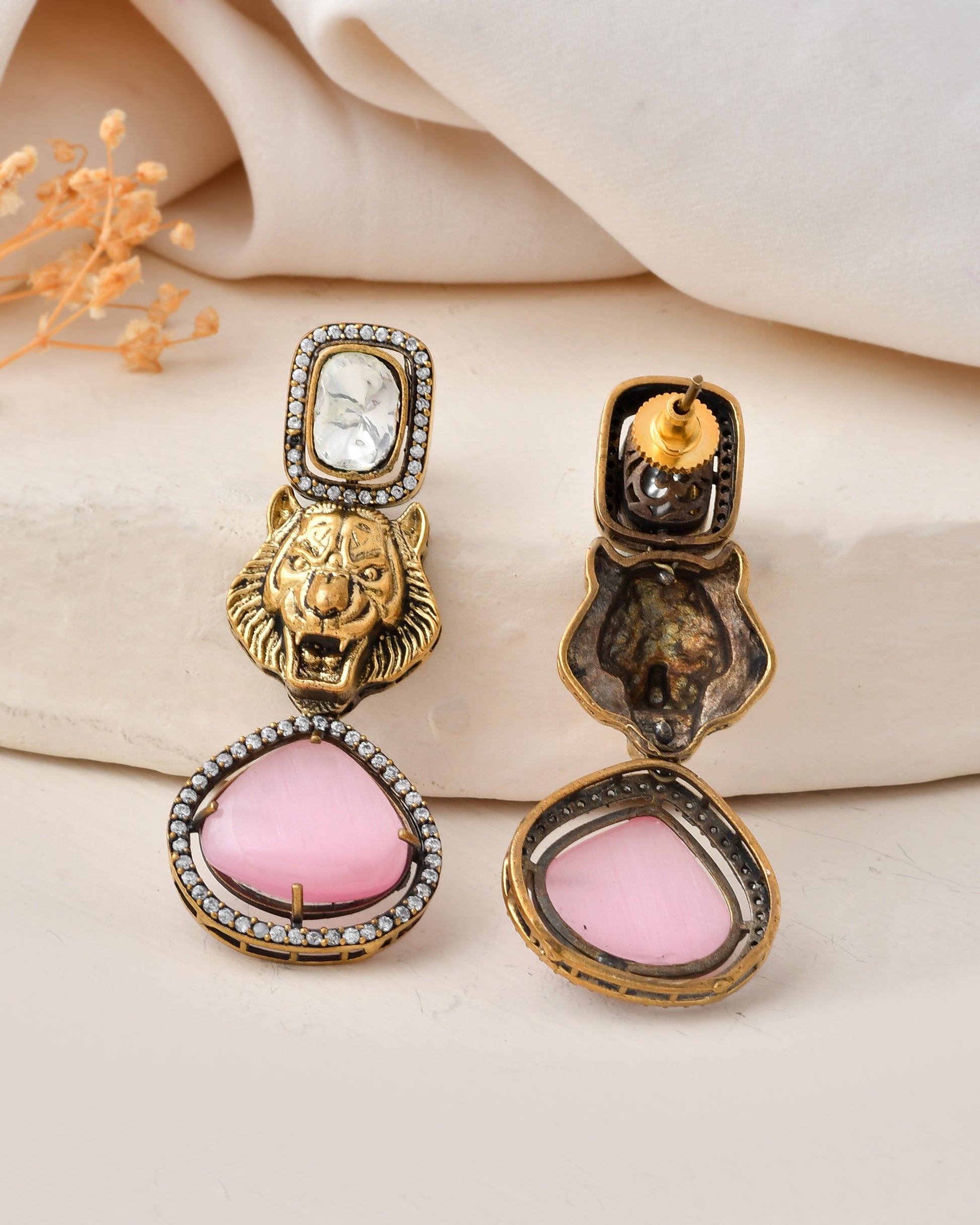 Antique Gold-Plated Tiger Motif Statement Earrings