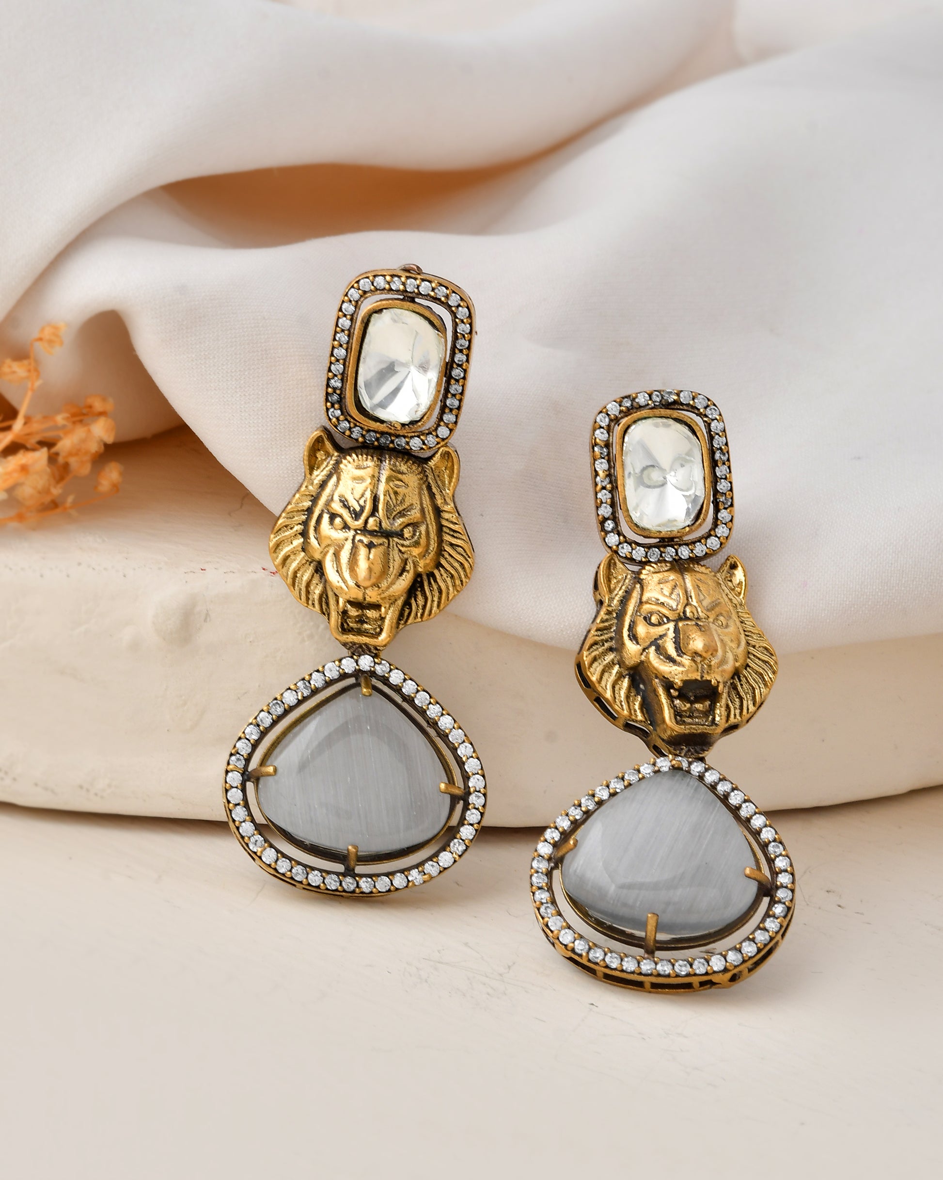 Antique Gold-Plated Tiger Motif Statement Earrings