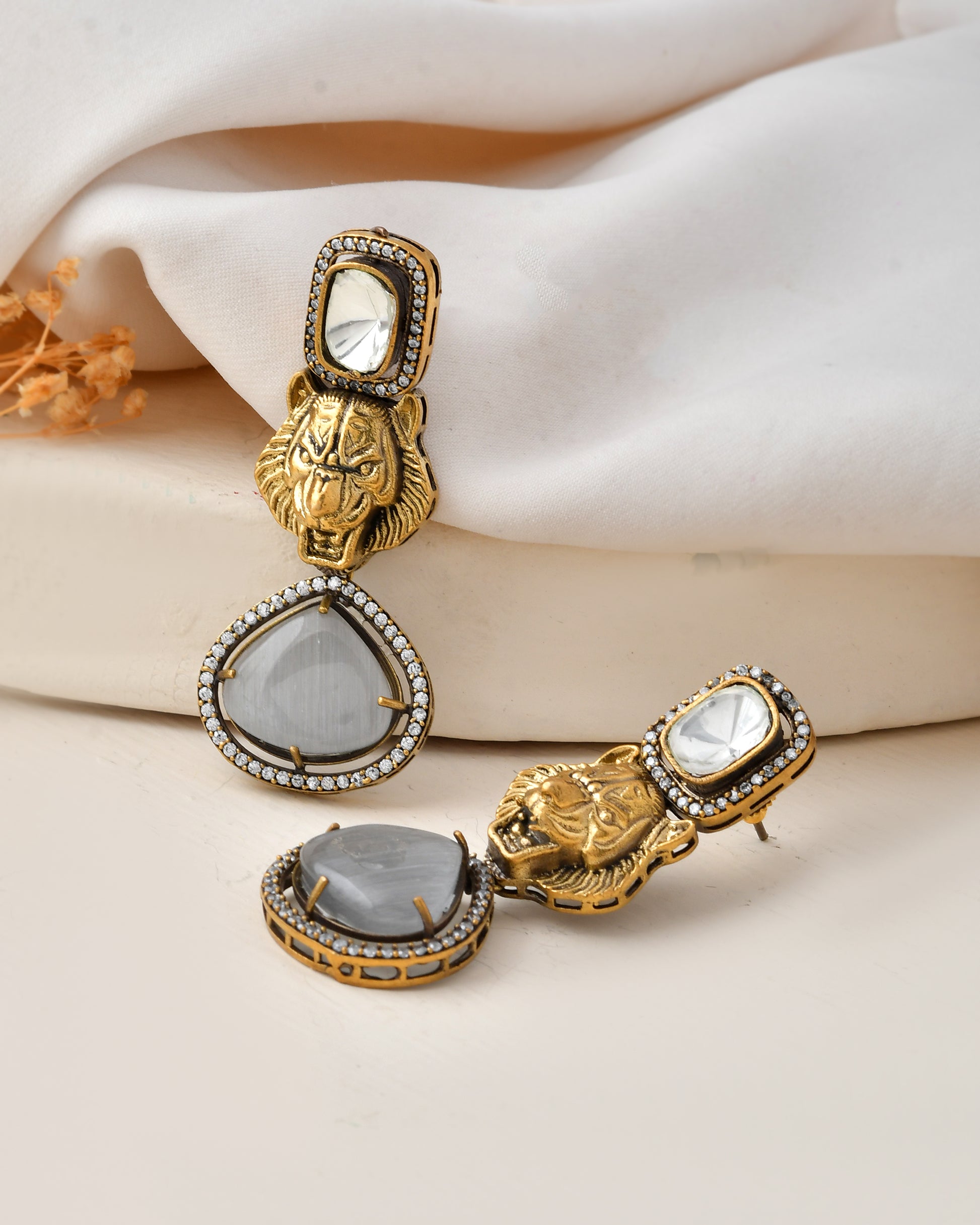 Antique Gold-Plated Tiger Motif Statement Earrings
