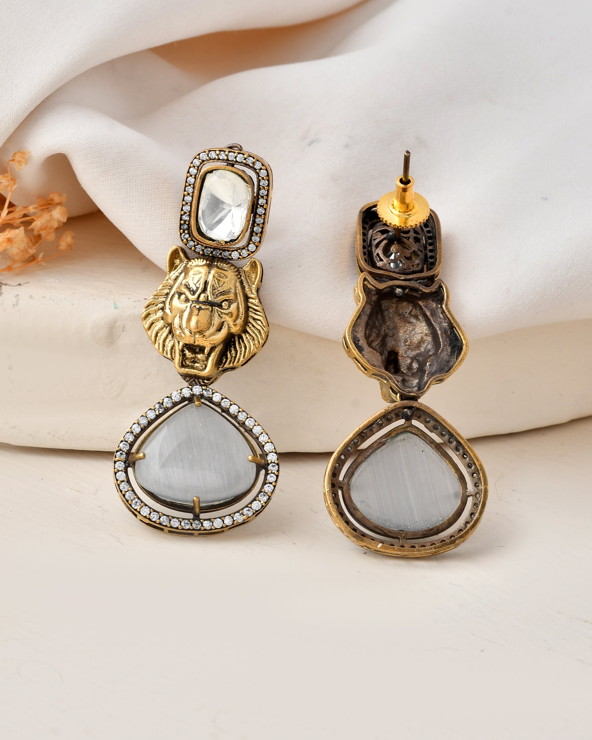 Antique Gold-Plated Tiger Motif Statement Earrings