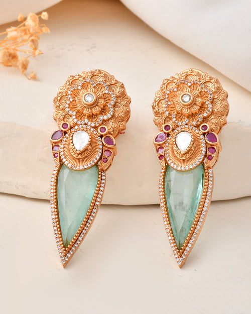 Antique Gold-Plated Green Stone Earrings