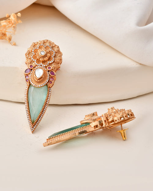Antique Gold-Plated Green Stone Earrings