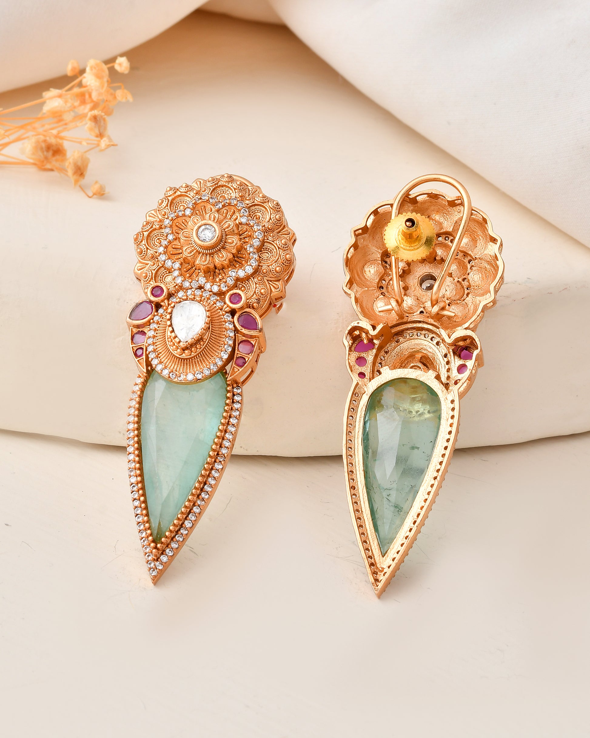 Antique Gold-Plated Green Stone Earrings