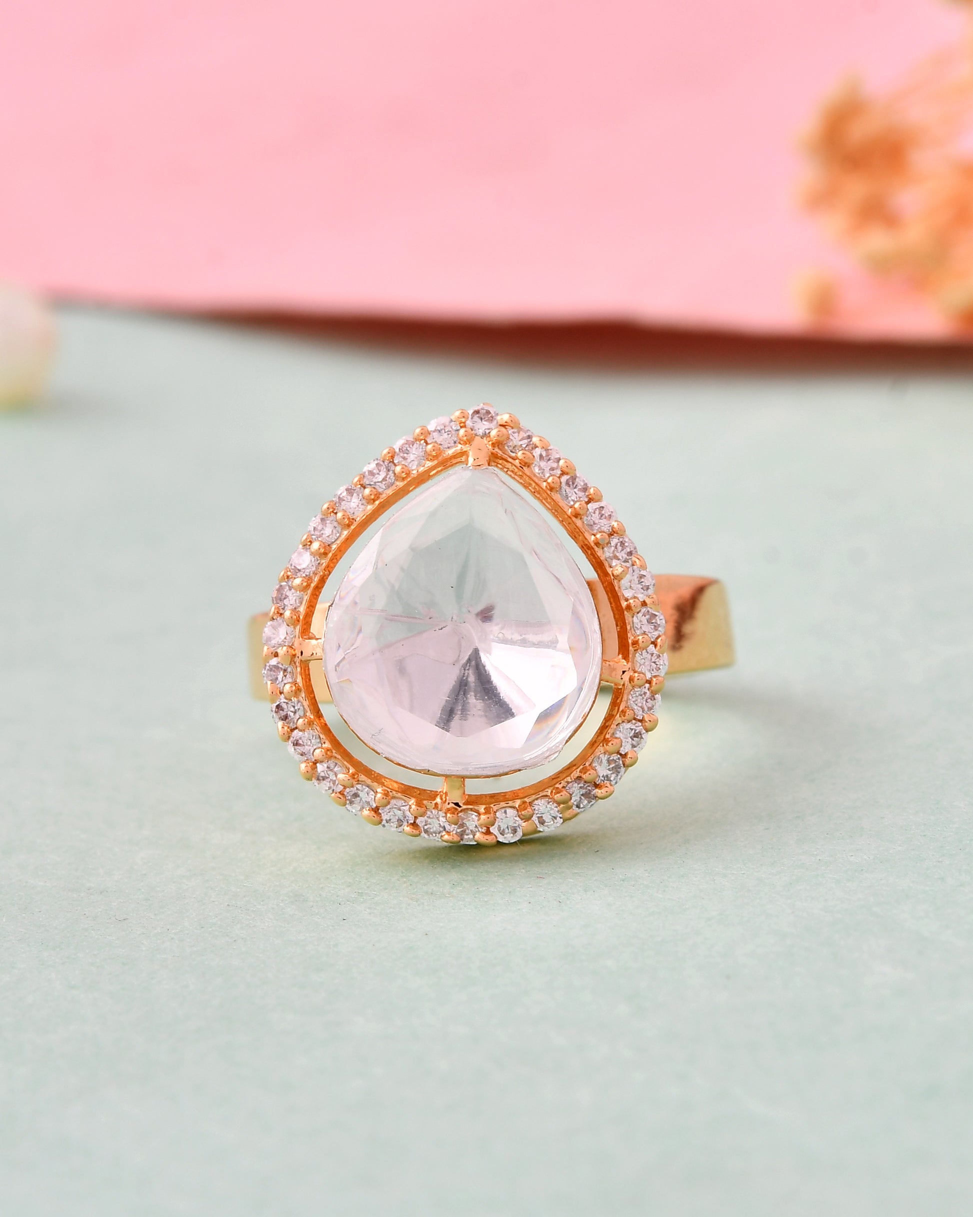 Gold-Plated Teardrop Kundan Ring
