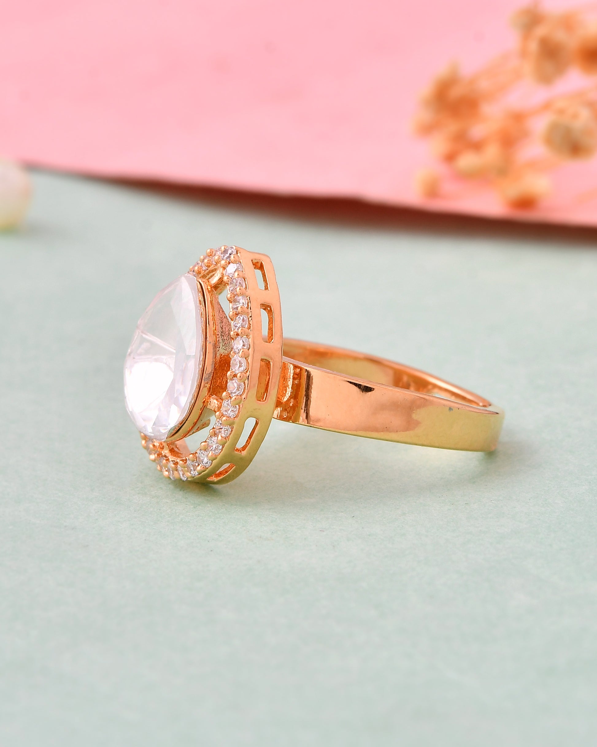 Gold-Plated Teardrop Kundan Ring