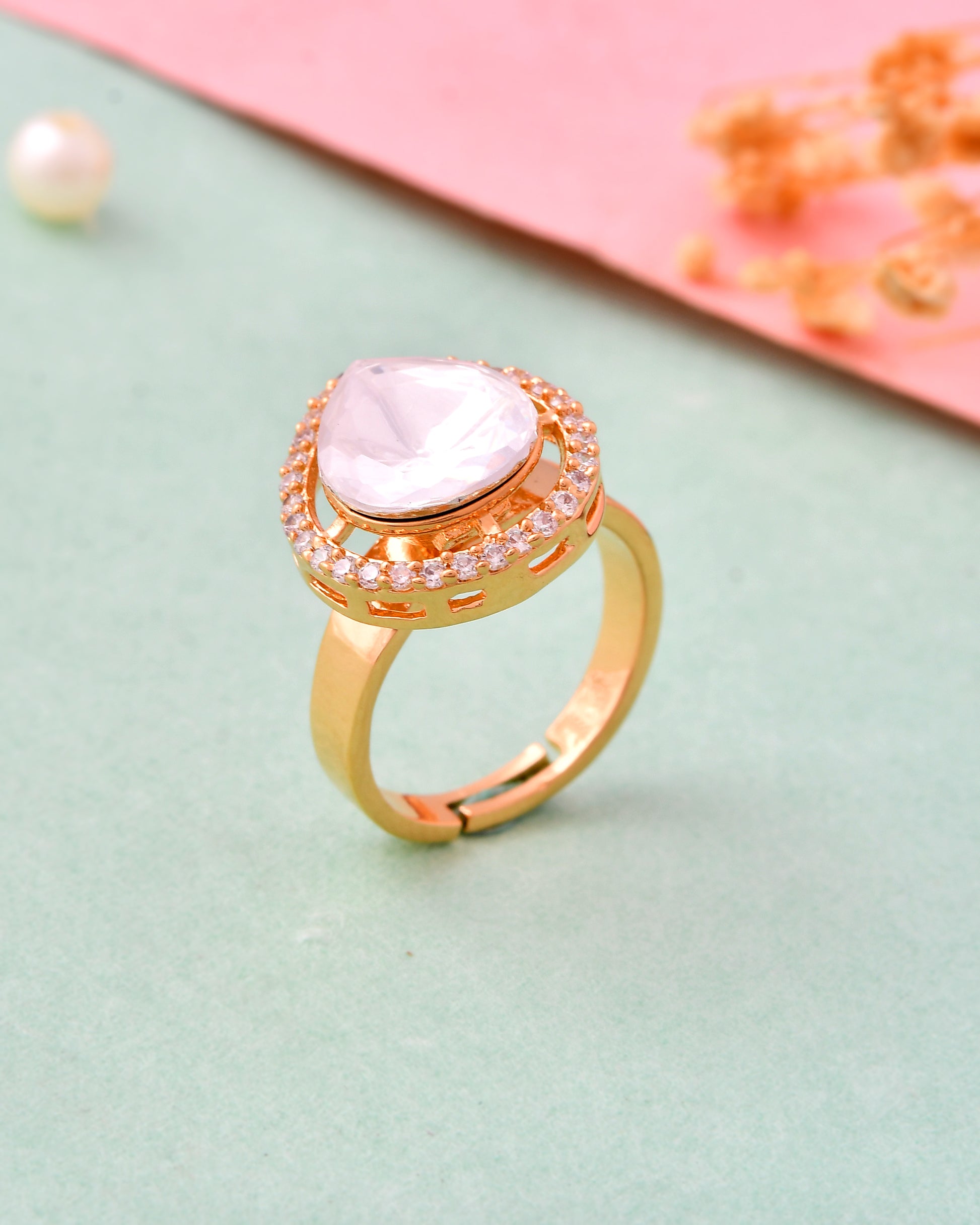 Gold-Plated Teardrop Kundan Ring