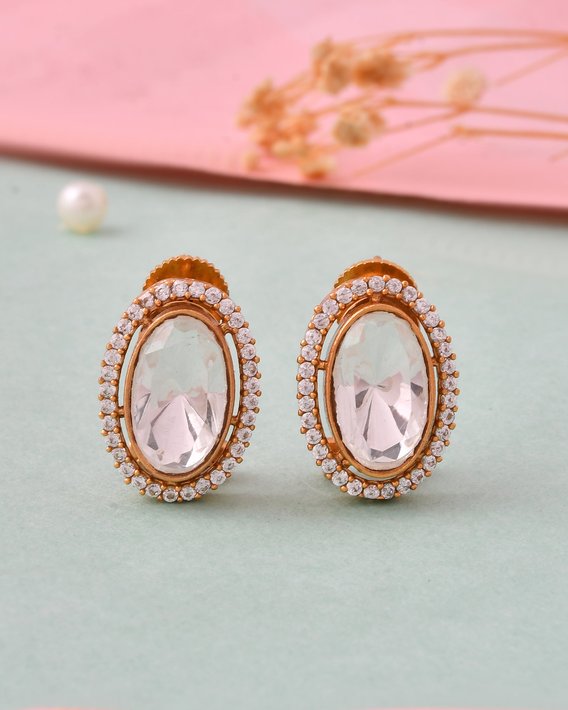 Gold-Plated Oval Stud Earrings
