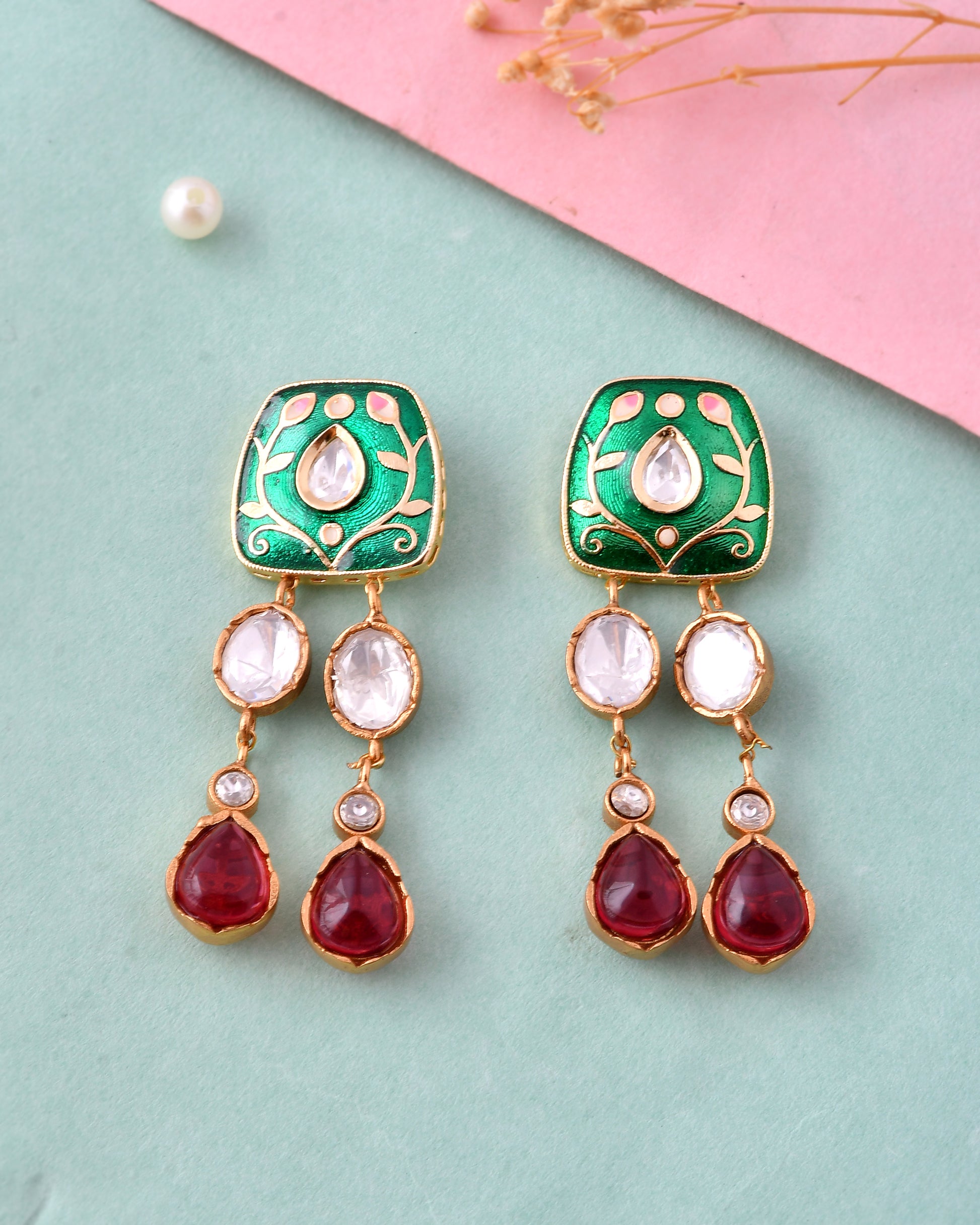 Green Meenakari Kundan Drop Earrings