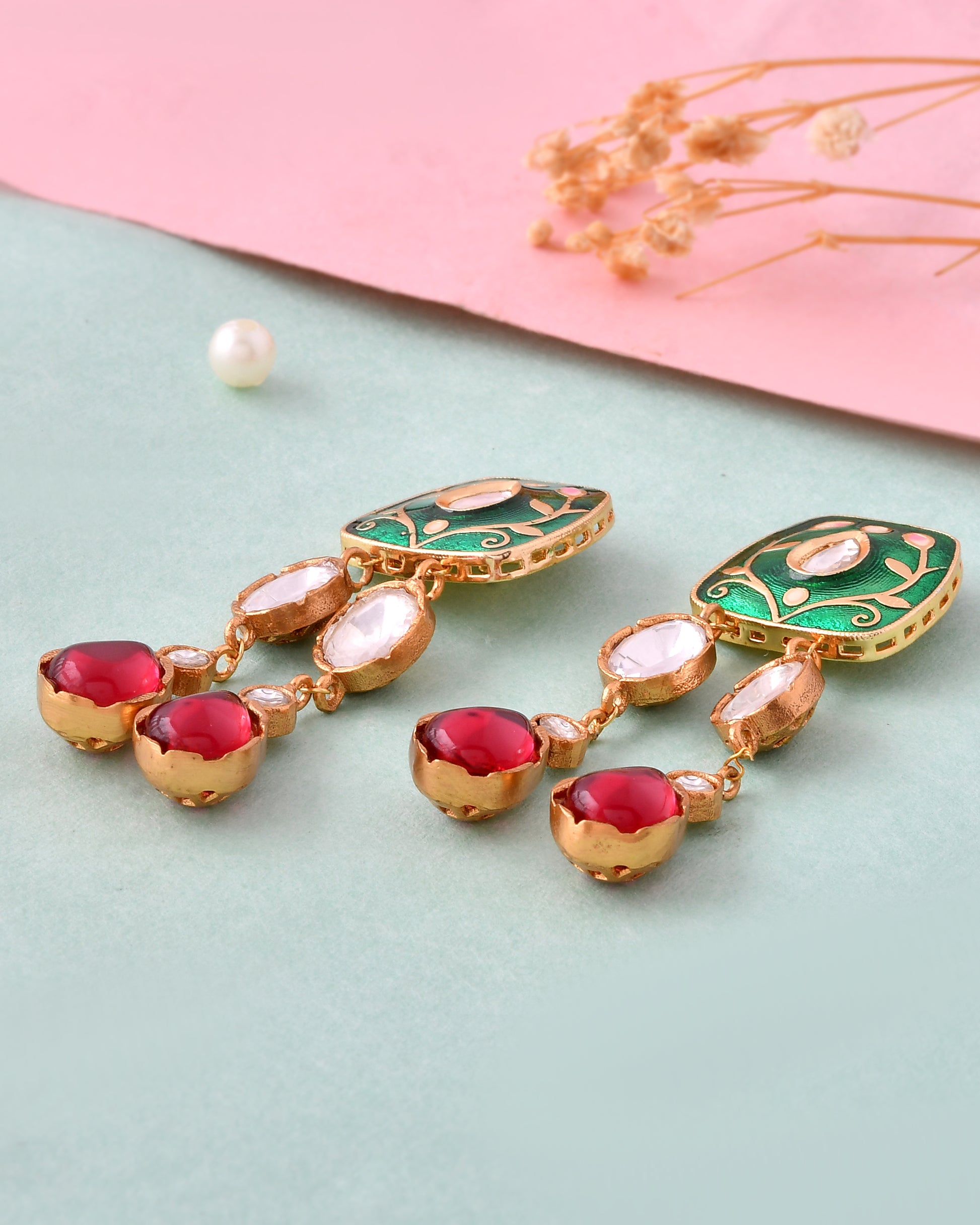 Green Meenakari Kundan Drop Earrings