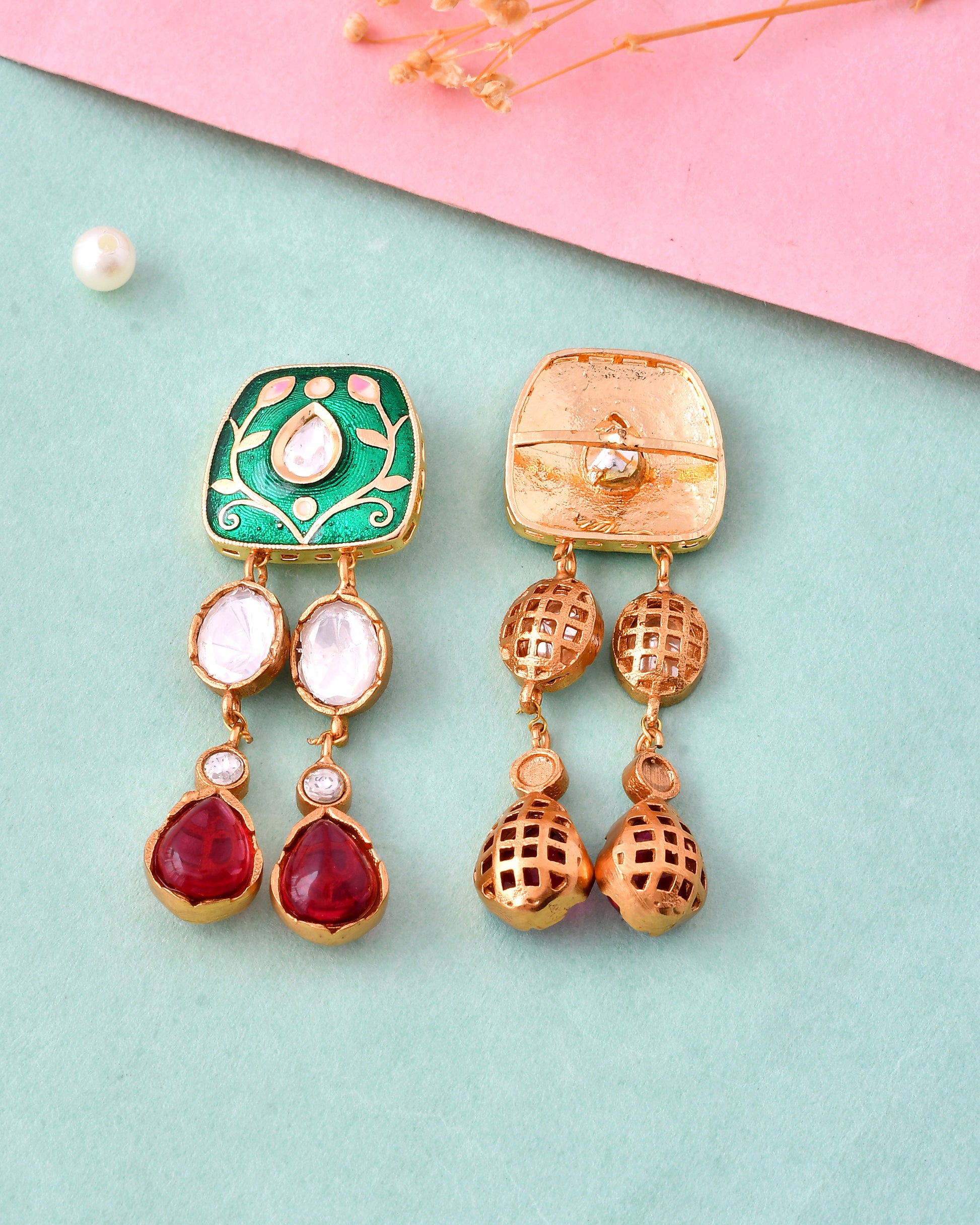 Green Meenakari Kundan Drop Earrings