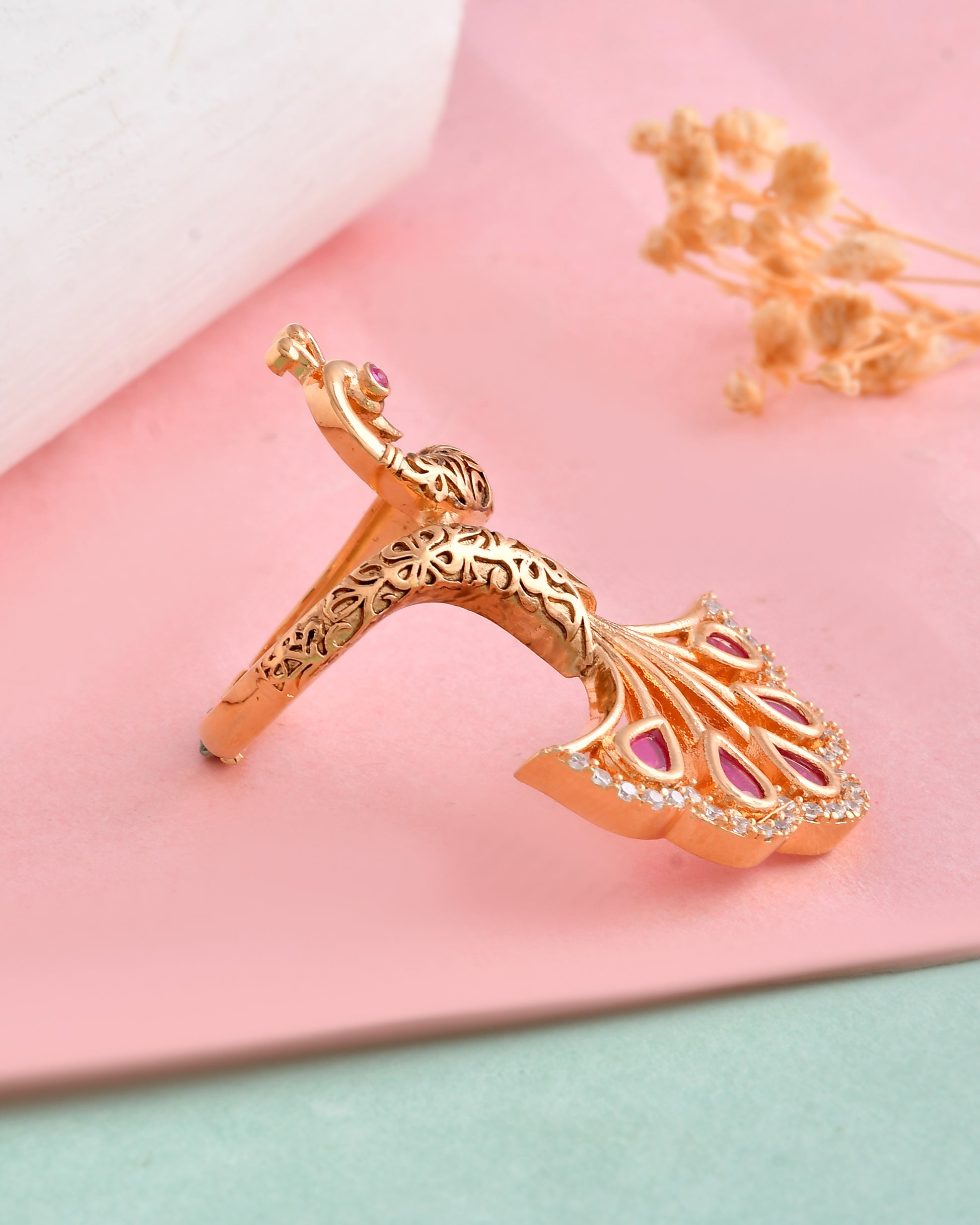 Gold-Plated Peacock Ring with Red Kundan Stones