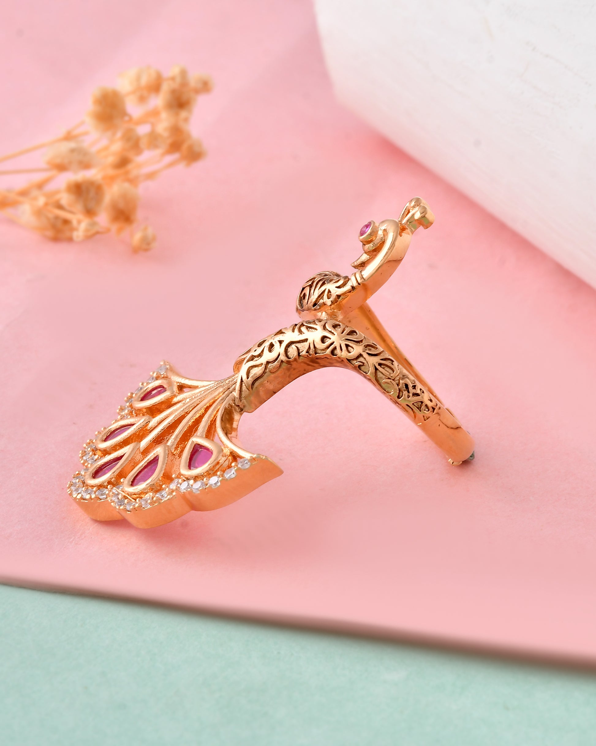 Gold-Plated Peacock Ring with Red Kundan Stones