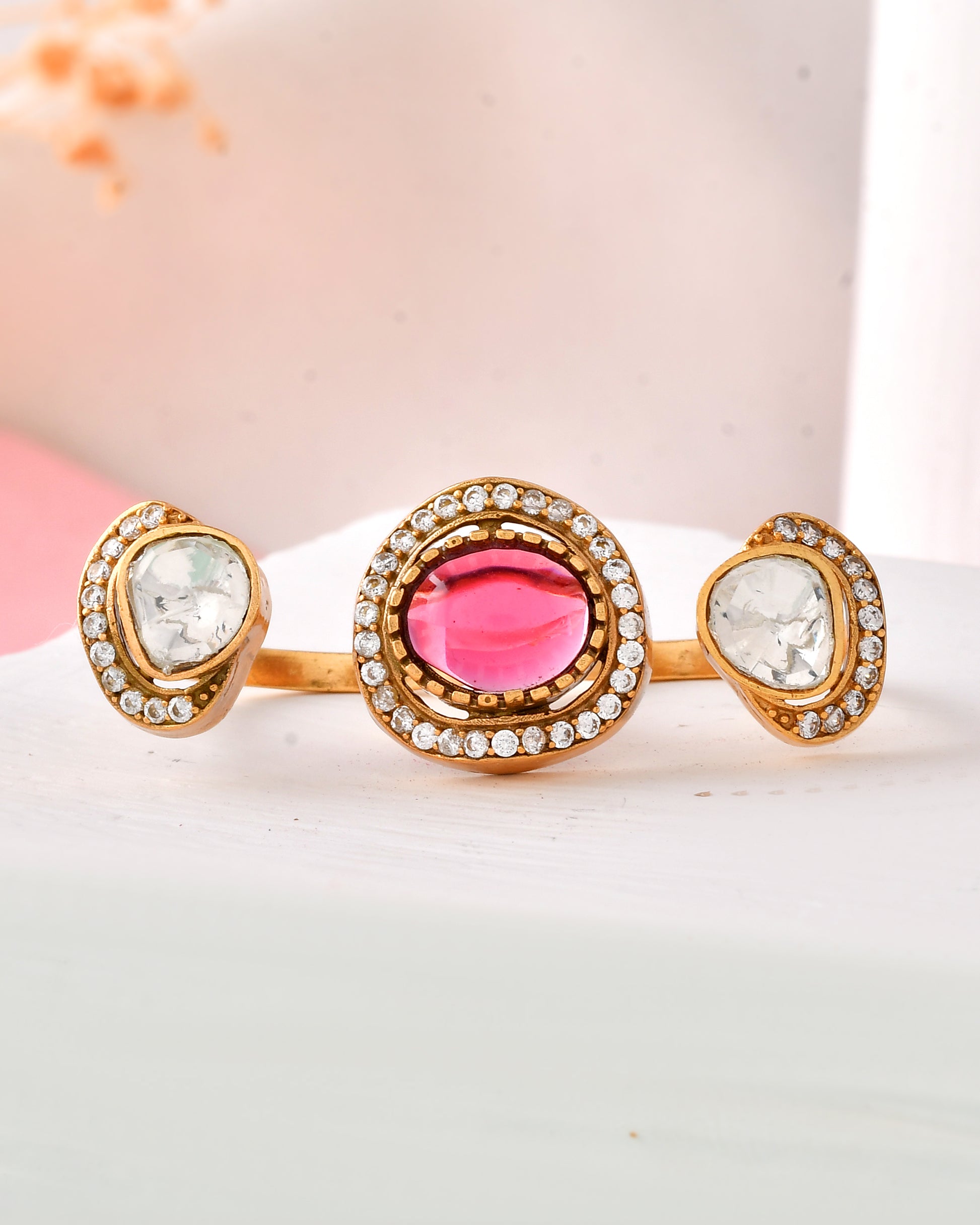 Gold-Plated Pink and White Stone Statement Ring