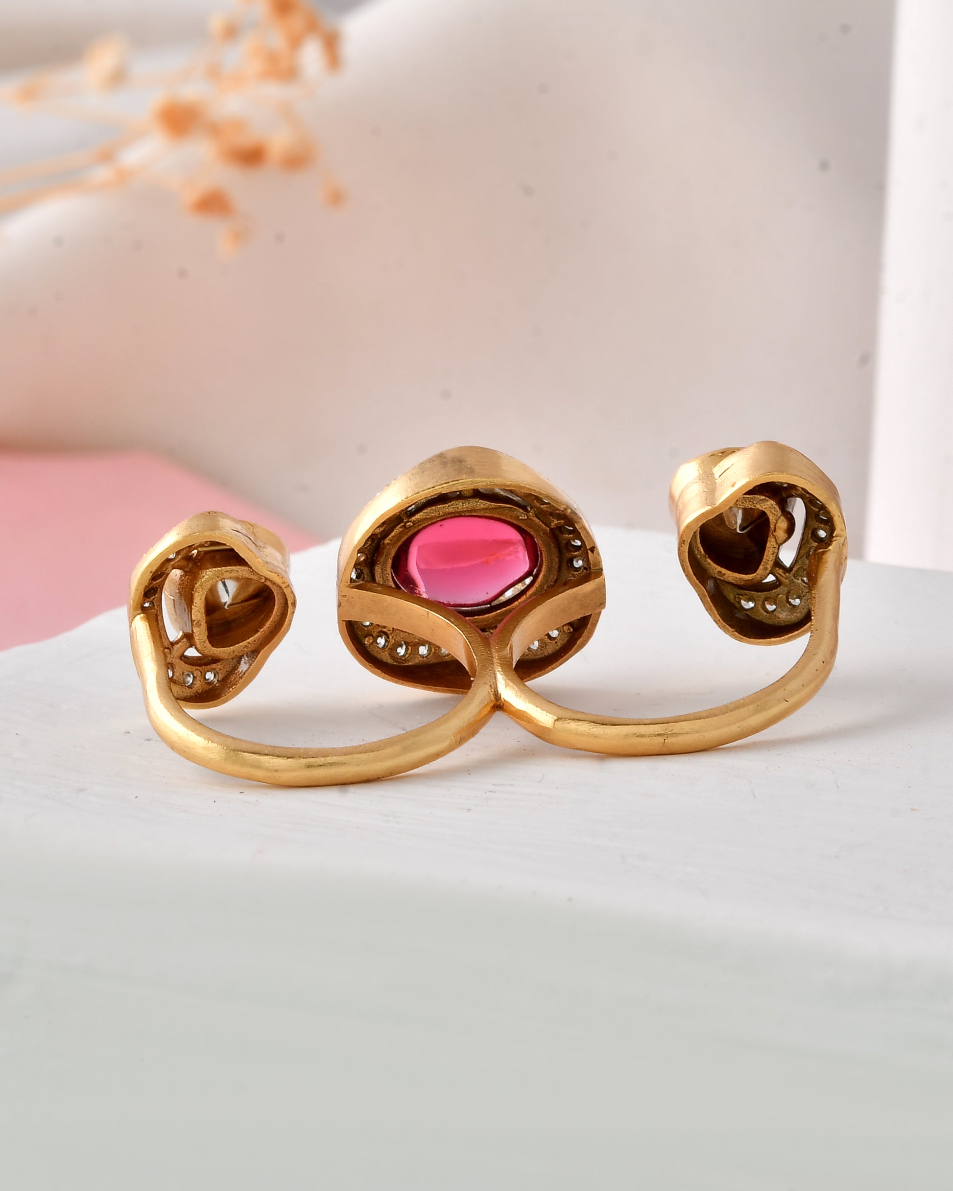 Gold-Plated Pink and White Stone Statement Ring